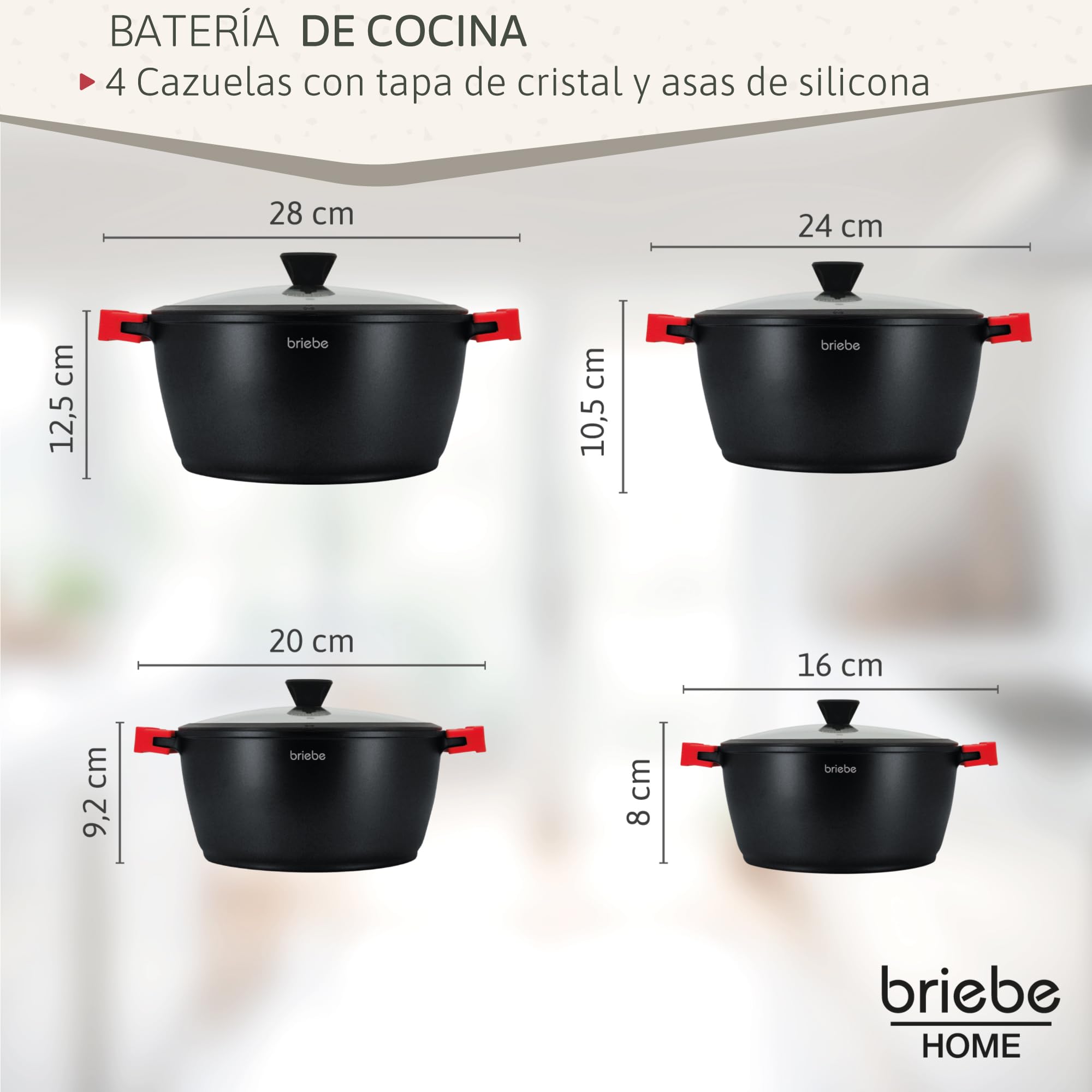 briebe Black Titanium Batería Cocina Inducción 8 Piezas Antiadherente Titanio, Juego 4 Ollas Aluminio Fundido sin PFOA, Set Cazuelas Tapas Cristal, Asas Silicona Extraíbles, Vitrocerámica, Gas, Horno