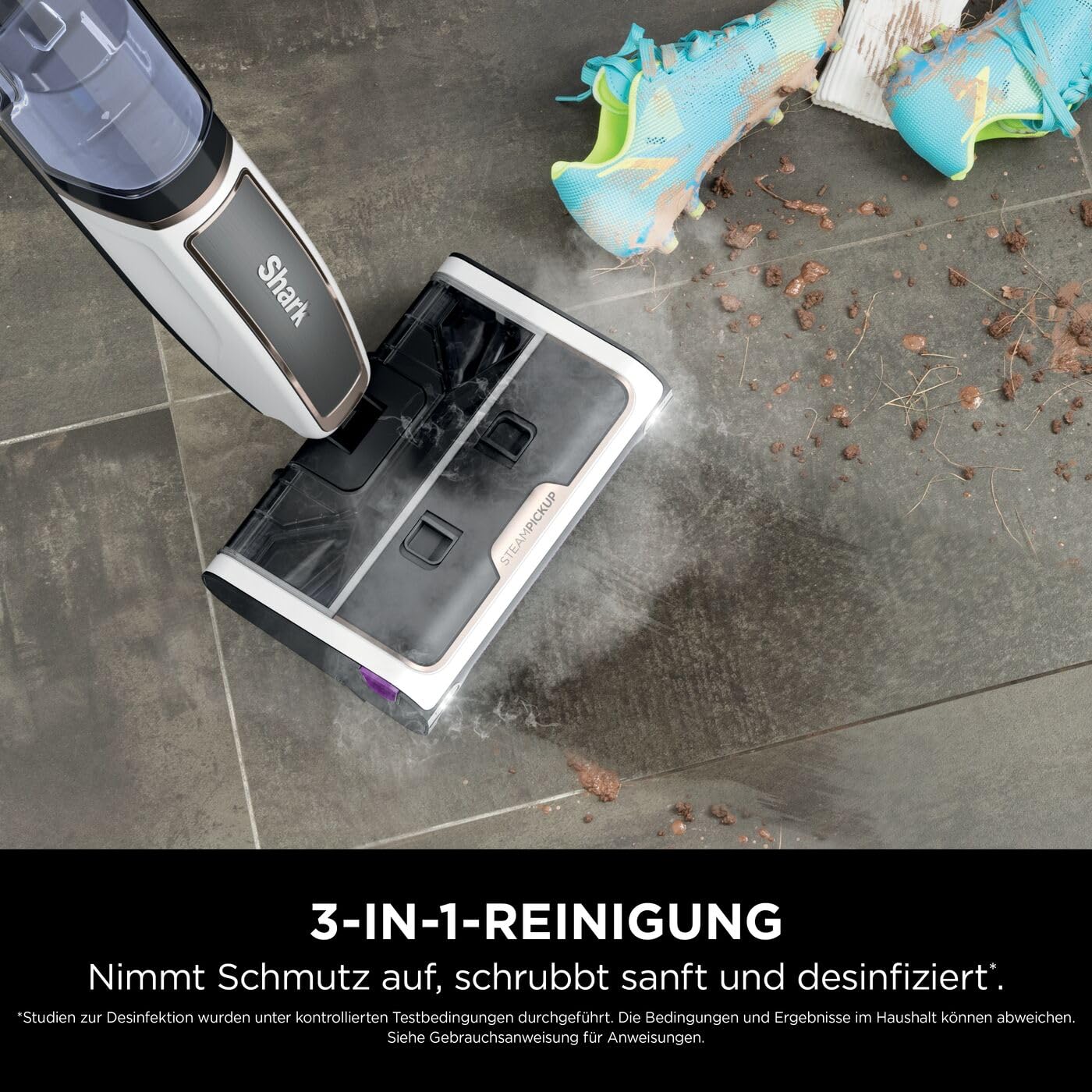 Shark SteamPickUp 3-in-1-Dampfreiniger, hygienische Reinigung mit Dampf für harte Böden, chemiefrei, 420ml Fassungsvermögen, Extra-Bürstenrolle, Aufbewahrungsstation, Bürstenrollenhalter, Weiß SD200EU