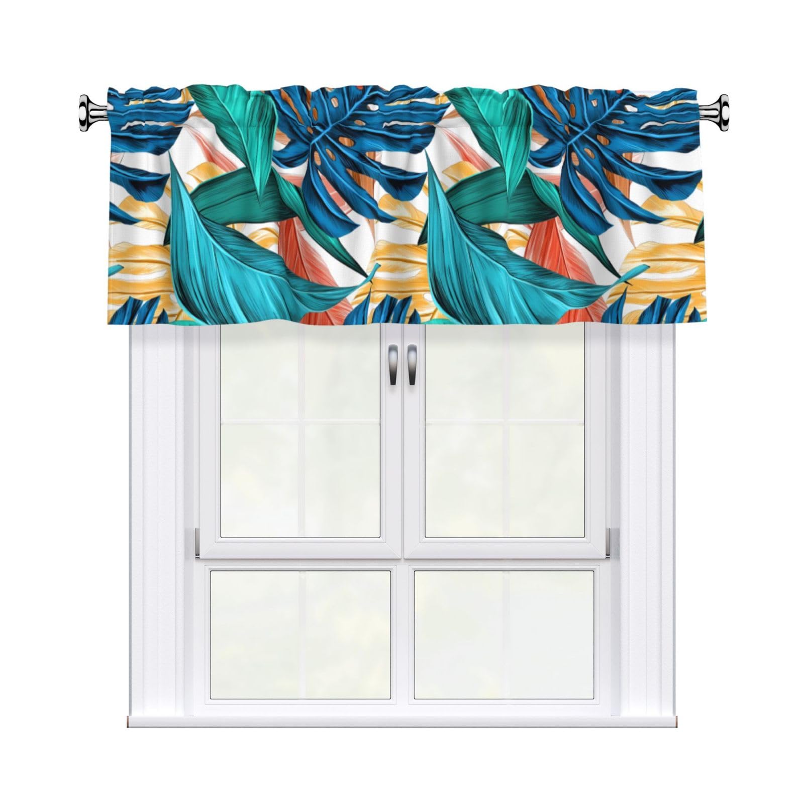HJFCZH Tropical Palm Tree Leaf Prints Curtain Valance 54x18in - Peach Skin Kitchen Window Layer, Filtered Light & Quick-Install Rod Pocket Cover