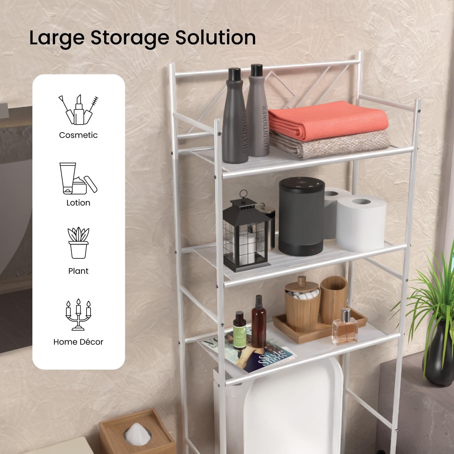 Home Zone Living Over-The-Toilet Bathroom Storage Organizer with 3-Tier Shelves and Adjustable Feet, Freestanding Steel Frame Design, White