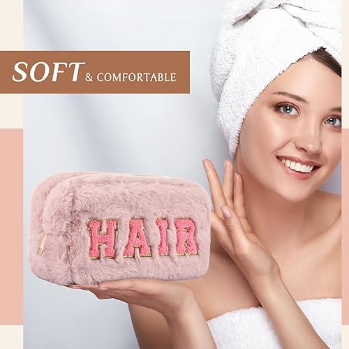 Miniatura 6 de Paterr 4 piezas de felpilla de Navidad, bolsa de maquillaje de felpa mullida, bolsa de maquillaje, bolsa de cosméticos, bolsa para el cabello, piel