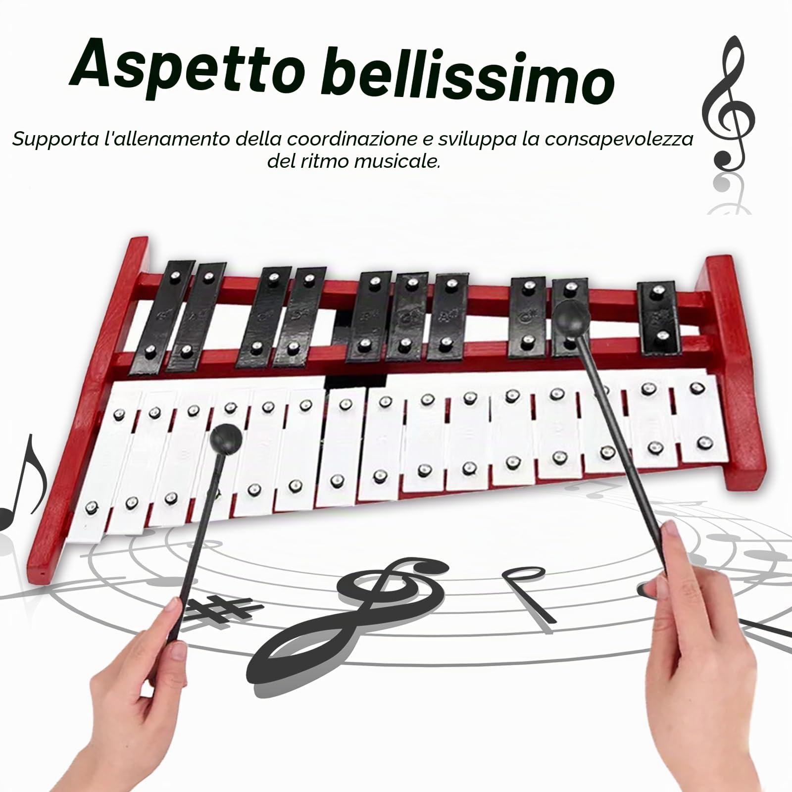 25 Note Di Carillon Xilofono, con Tasti In Metallo E Base In Legno, Percussioni A Mano, con 2 Bacchette, Portatile, Strumento A Percussione, Strumento Musicale Per Ragazzi E Adulti
