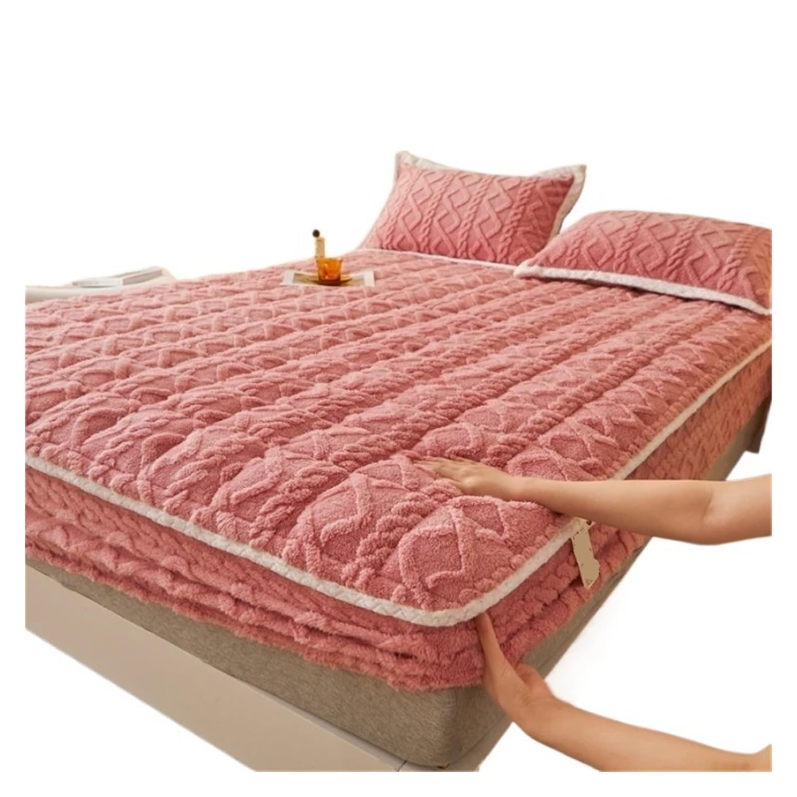 Sábana Bajera Cálida Colchón Acolchado de Lana de Leche, Colcha Gruesa de Lana, Funda Protectora de Lana de Coral de Invierno(Pink,180x200cm 1pc)