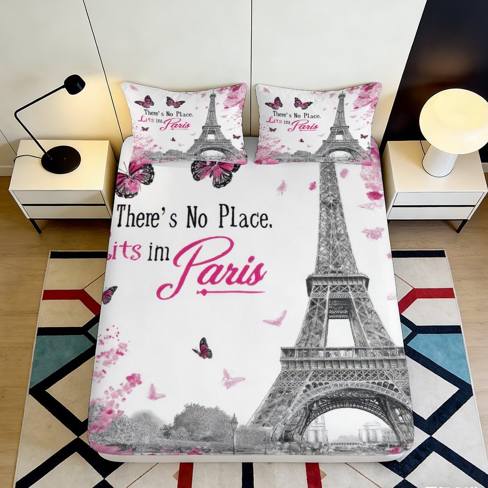 3D Printed Paris Butterfly Fitted Sheet Microfiber Soft Breathable Eiffel Tower Bed Cover for Bedroom Guest Room Dormitory Mattress Protection 140x200x25cm