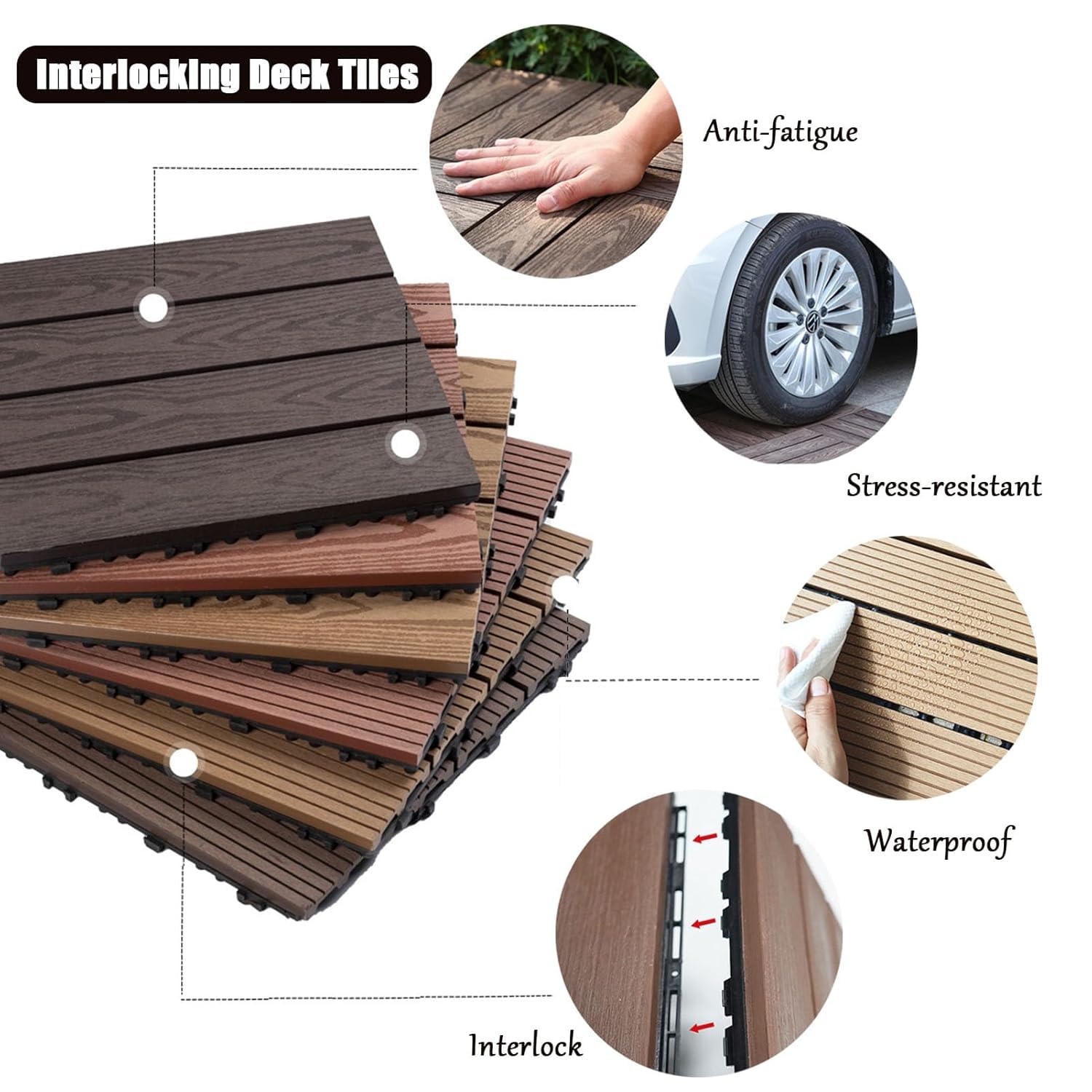 Dalles et lames de terrasse en composite, 11 dalles emboîtables en bois for terrasse et patio, multicolores, 30 x 30 x 2 cm.(C-Wood)