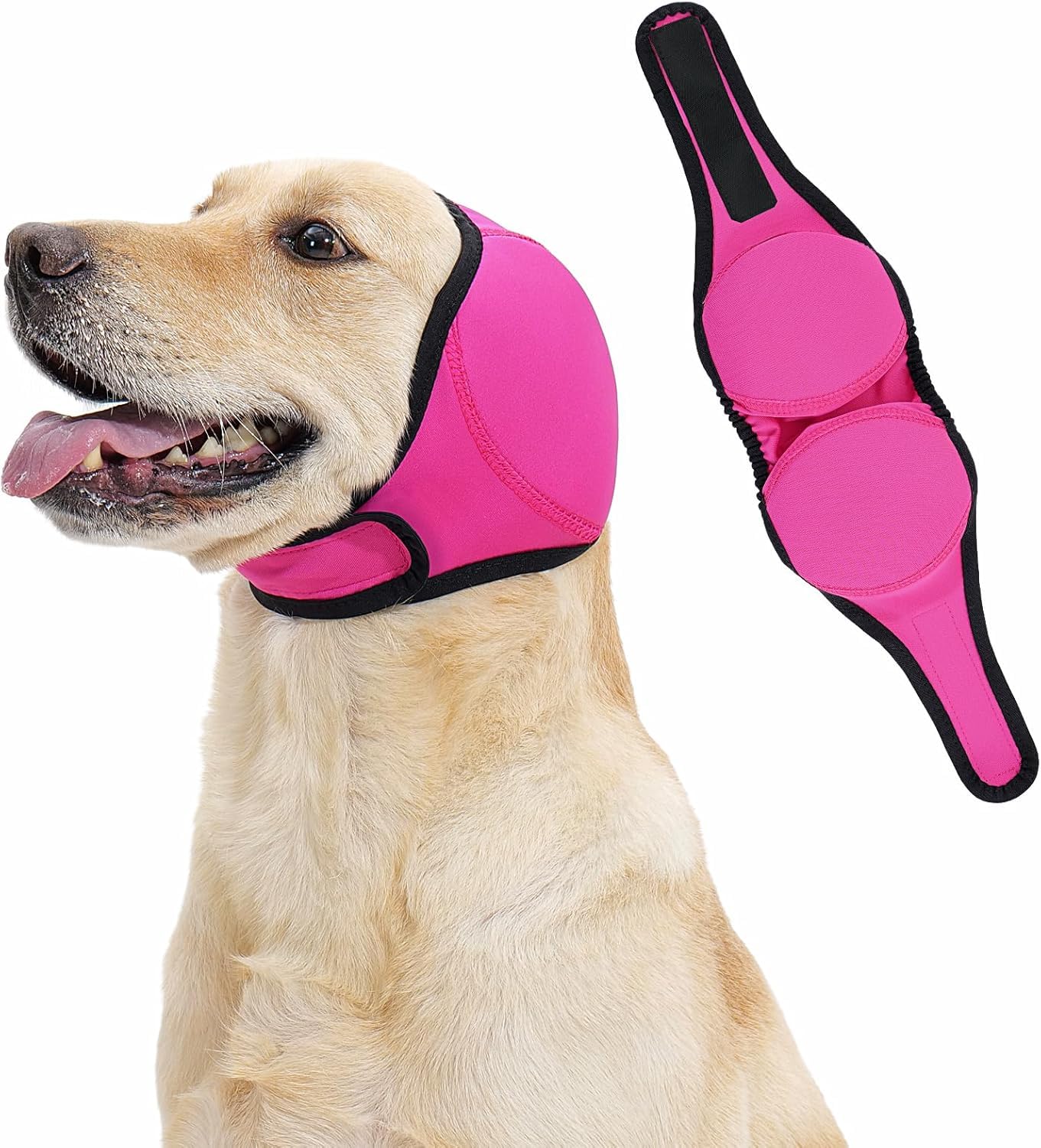 Dog Ear Muffs & No Shake Ear Wrap for Hematoma, Bathing, Drying, Swim& Noise Anxiety Relief- Elastic Waterproof Ear Protector with Calming Hoodie Design for Grooming/Head Ear Cover (Pink, S)