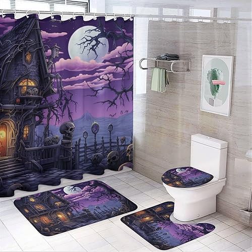 Miniatura 9 de Juego de 4 cortinas de ducha de esqueleto de Halloween, calaveras de calabaza, juego de cortina de ducha con alfombras y accesorios, decoración de