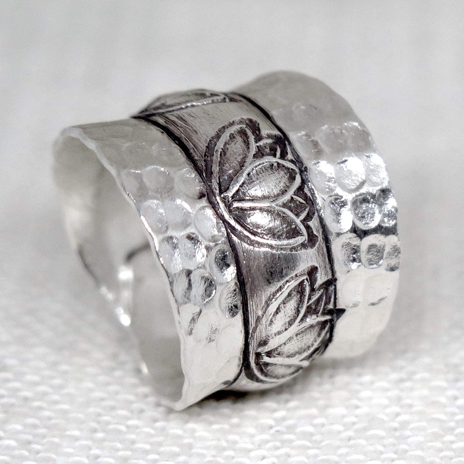 Handmade Hammered Sterling Silver Wide Band Lotus Ring, Lotus Flower Zen Buddhist Yoga Adjustable to US Size 6-11 Wrap Band, Semi Shiny, Gift for Her - Image 4