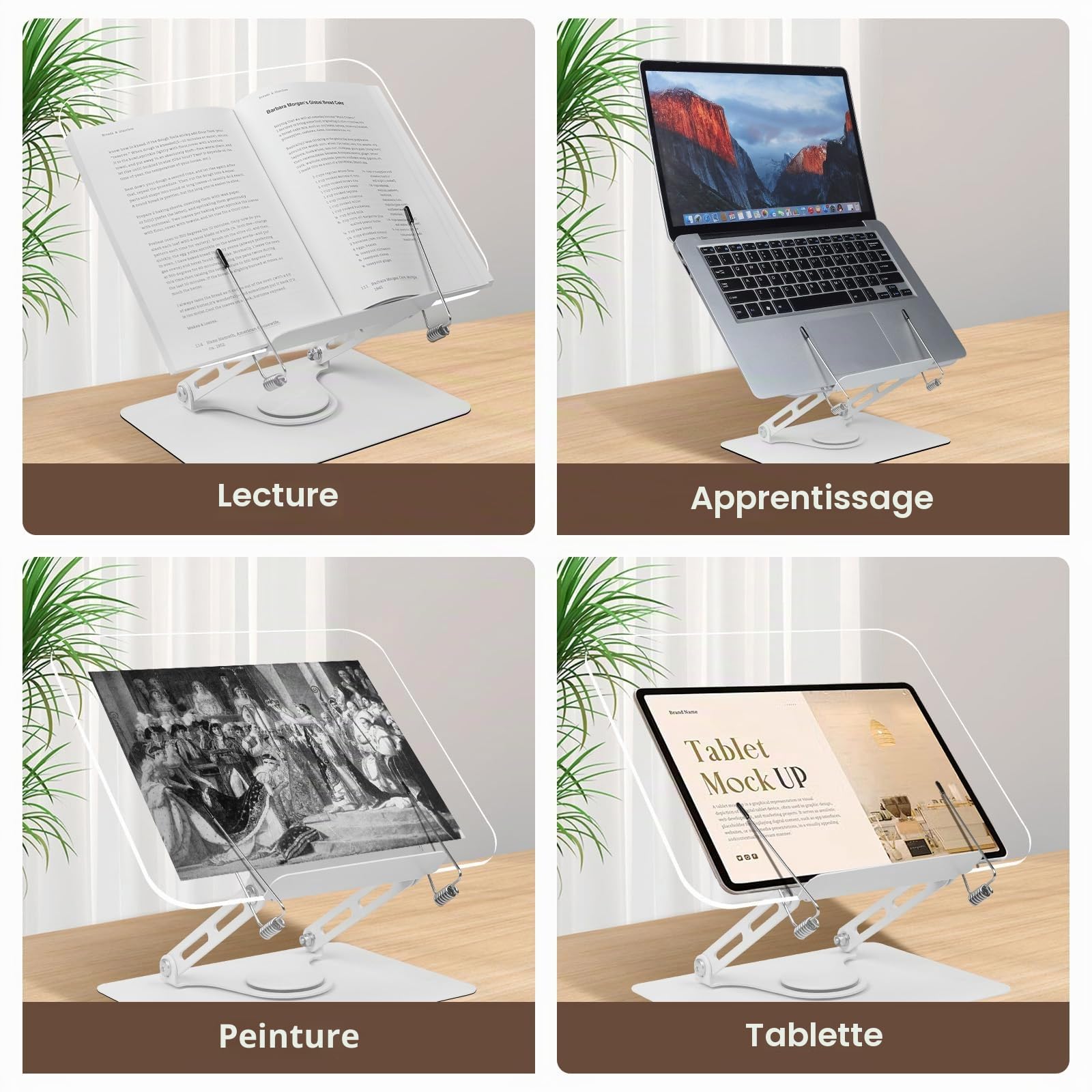 Support Livre Lecture Rotatif 360°, Réglable et Pliable Acrylique