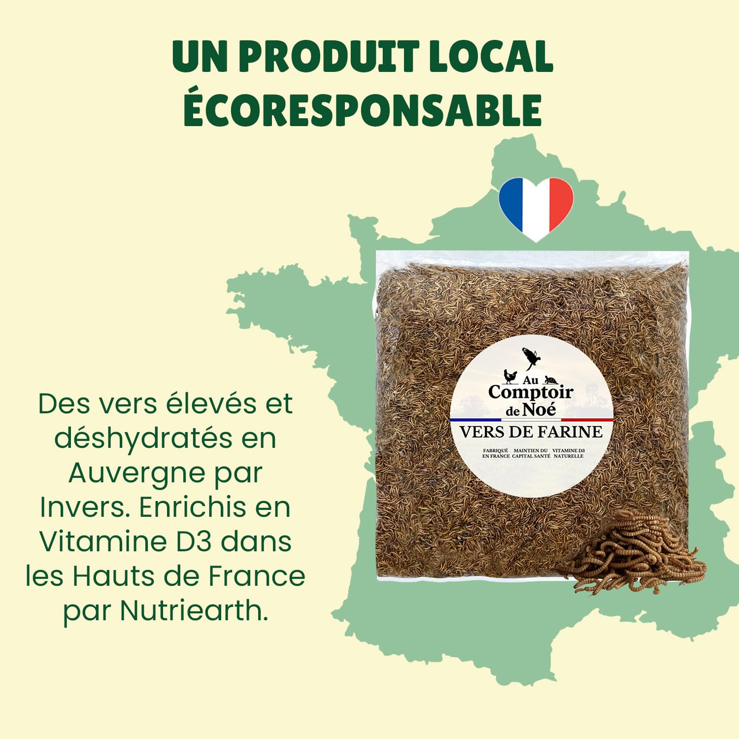 vers de Farine Séchés Français, 5kg (32,5L), 100% Naturel, Enrichis en Vitamines D3, Insectes Riches en Protéines et Bonnes Graisses, Nourriture Oiseaux Sauvages, vers de Farine Au Comptoir de Noé