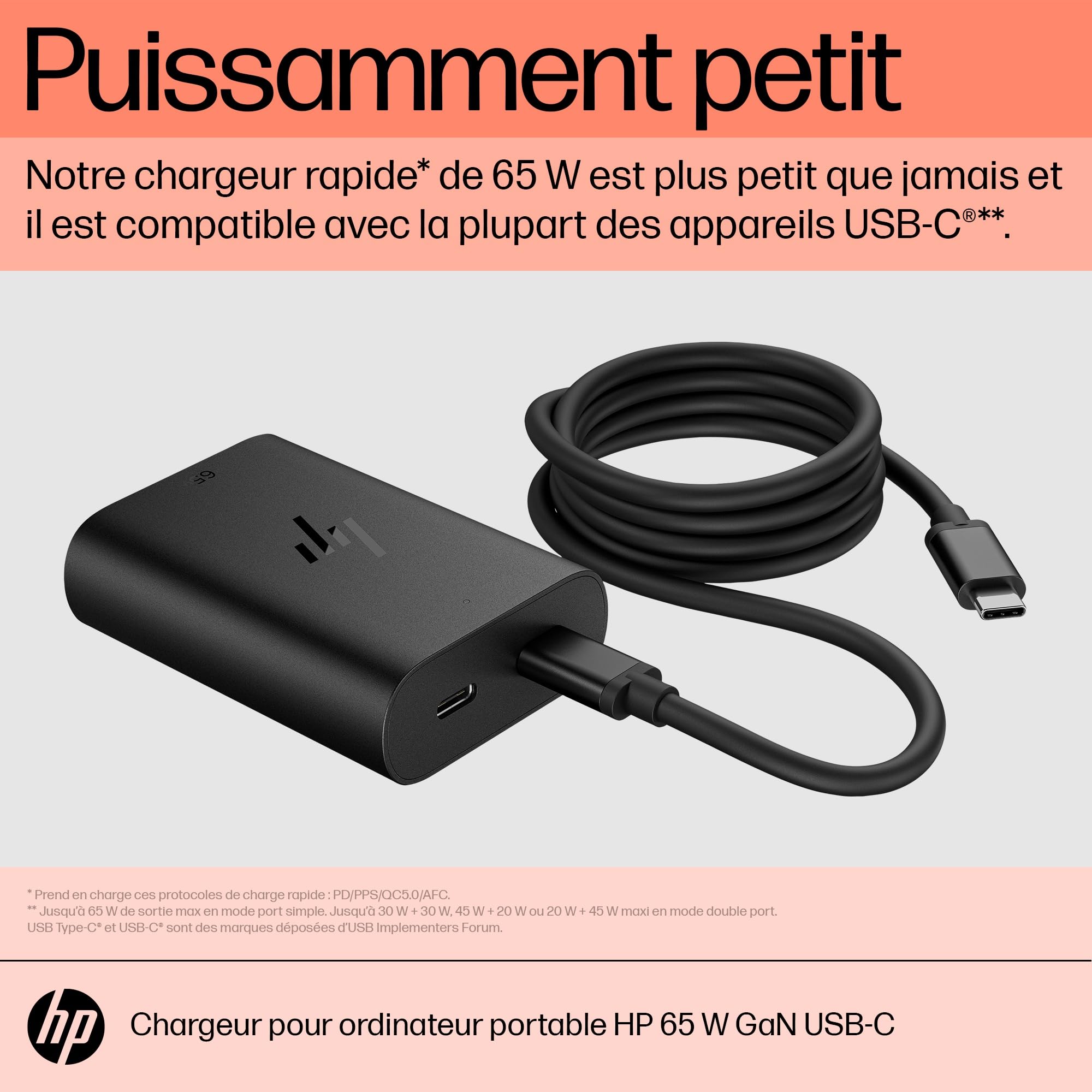 HP Alimentation pour Ordinateur Portable USB-C 65 W, Compatible avec Les PC HP équipés d'un Port USB-C, Noir