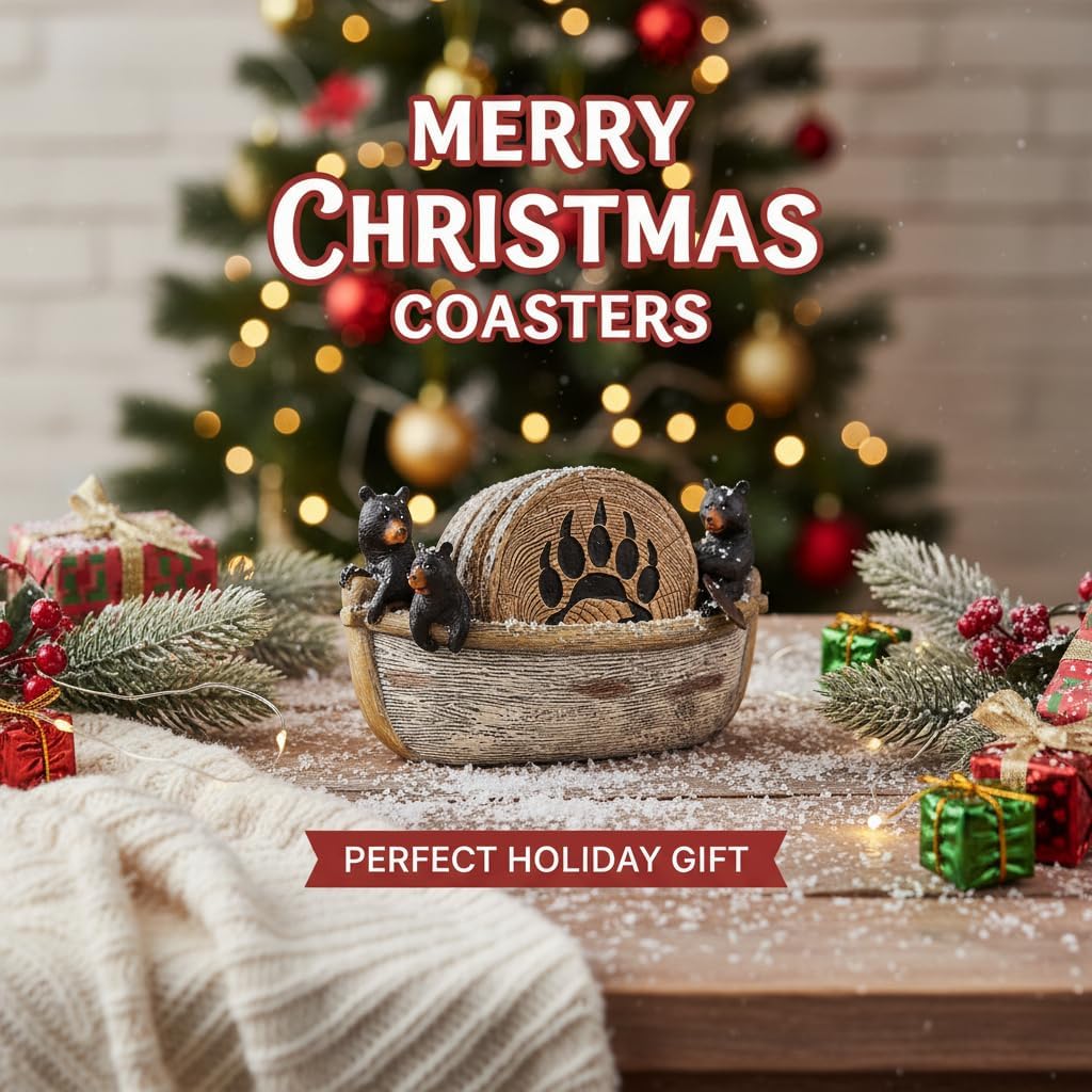 Cabin Coasters Set 8 Full Size Non-Slip Bar Coasters, Indoor Christmas Decorations, Man Cave Gifts for Men and Black Bear Lovers, Rustic Handmade Decor for The Home - Image 5
