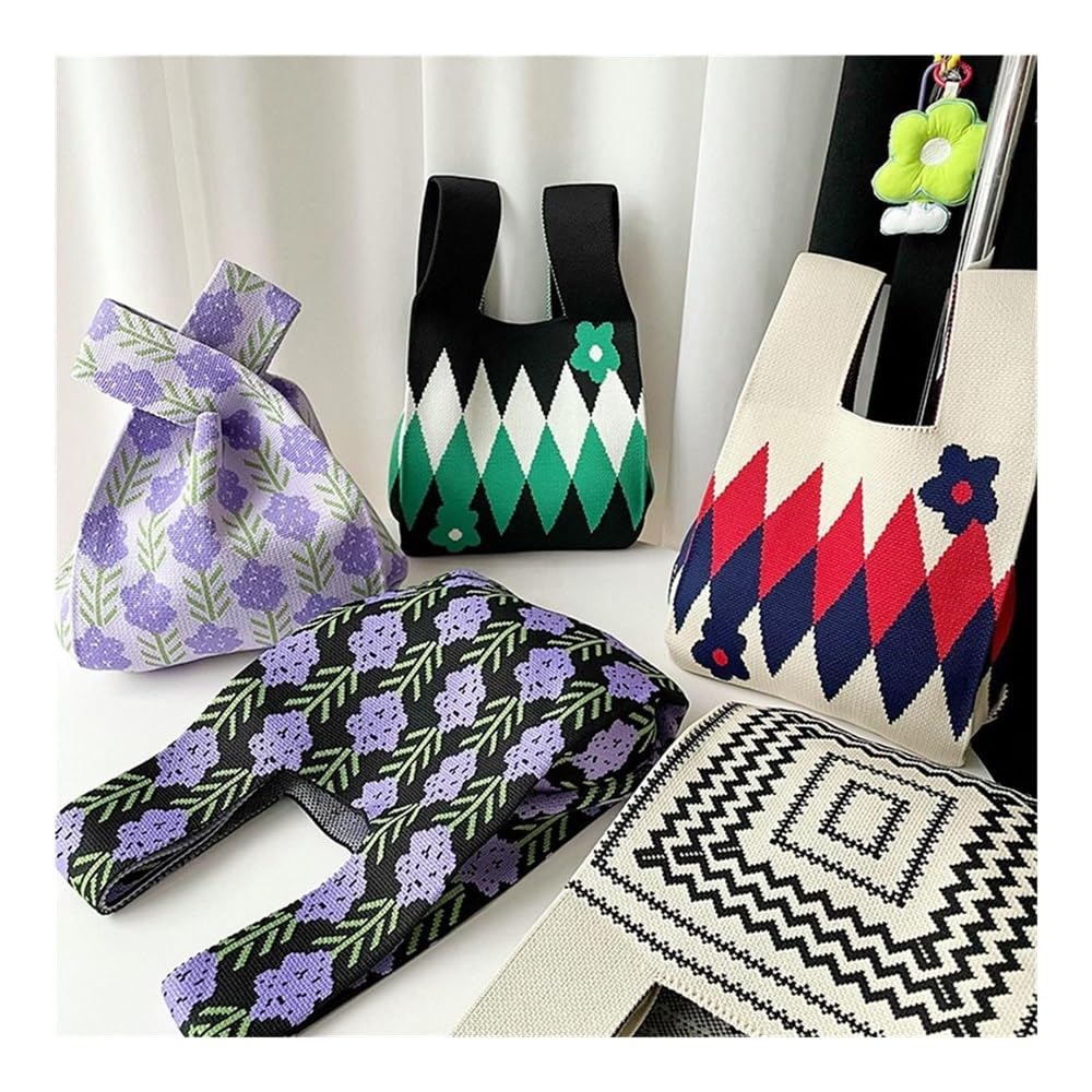 Dziane torebki Torba na nadgarstek, damska torebka z dzianiny paskiem kwiatowy nadruk wielokolorowy 20x35cm(Purple)