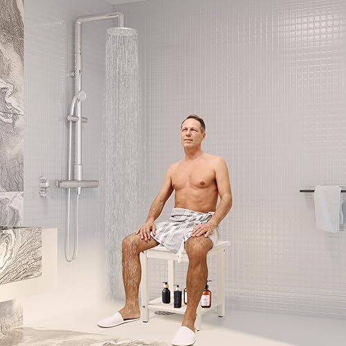 Miniatura 9 de Apolimi Banco de ducha HDPE, taburete de ducha con estante de almacenamiento, taburete de spa de 2 niveles para ducha interior, asiento de ducha