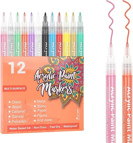 SMOOTHERPRO Marcadores de pintura acrílica, pintura de roca, 12 colores, bolígrafos a base de agua, punta extrafina para niños y adultos, decoración