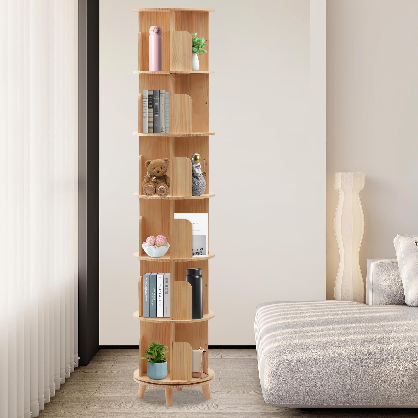 Drehbares Bücherregal aus Massivholz 6 Ebenen, 360°Drehbar Aufbewahrungs Regal Multifunktionales Standregal Vitrinenschrank für Schlafzimmer Wohnzimmer