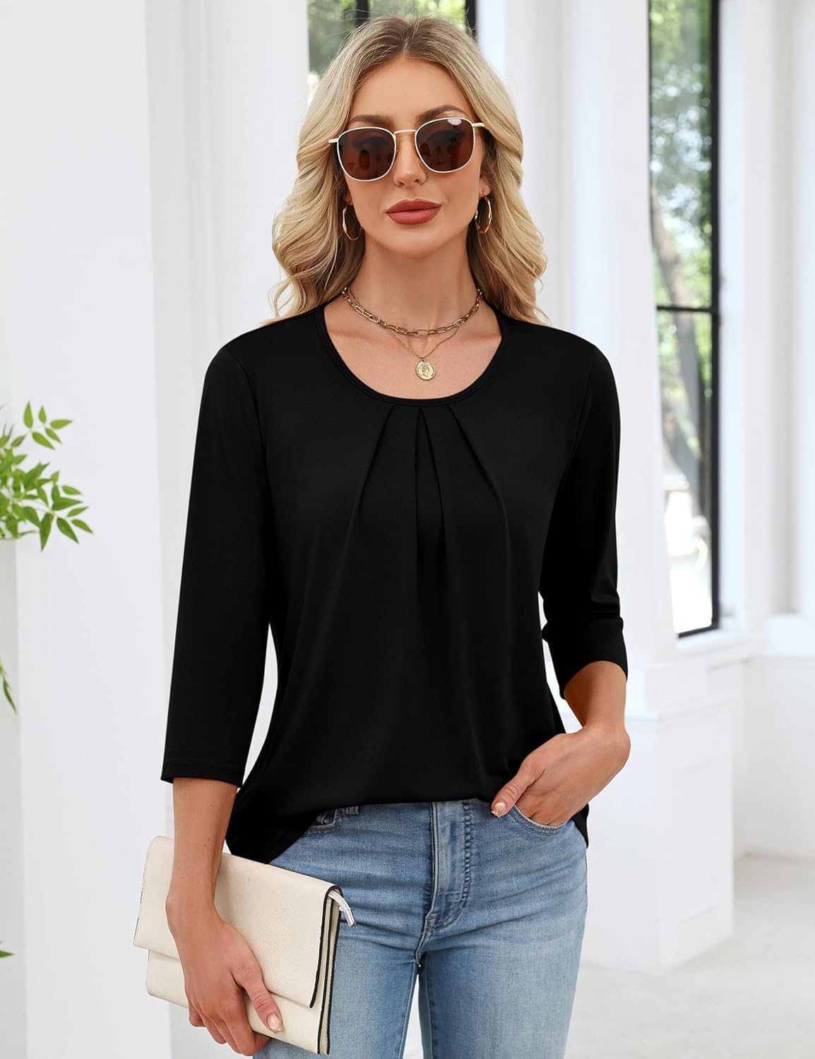 LOMON 3/4 Length Sleeve Womens Tops Summer Casual Pleated Crew Neck Blouses Loose Fit Tunic Shirts - Image 2