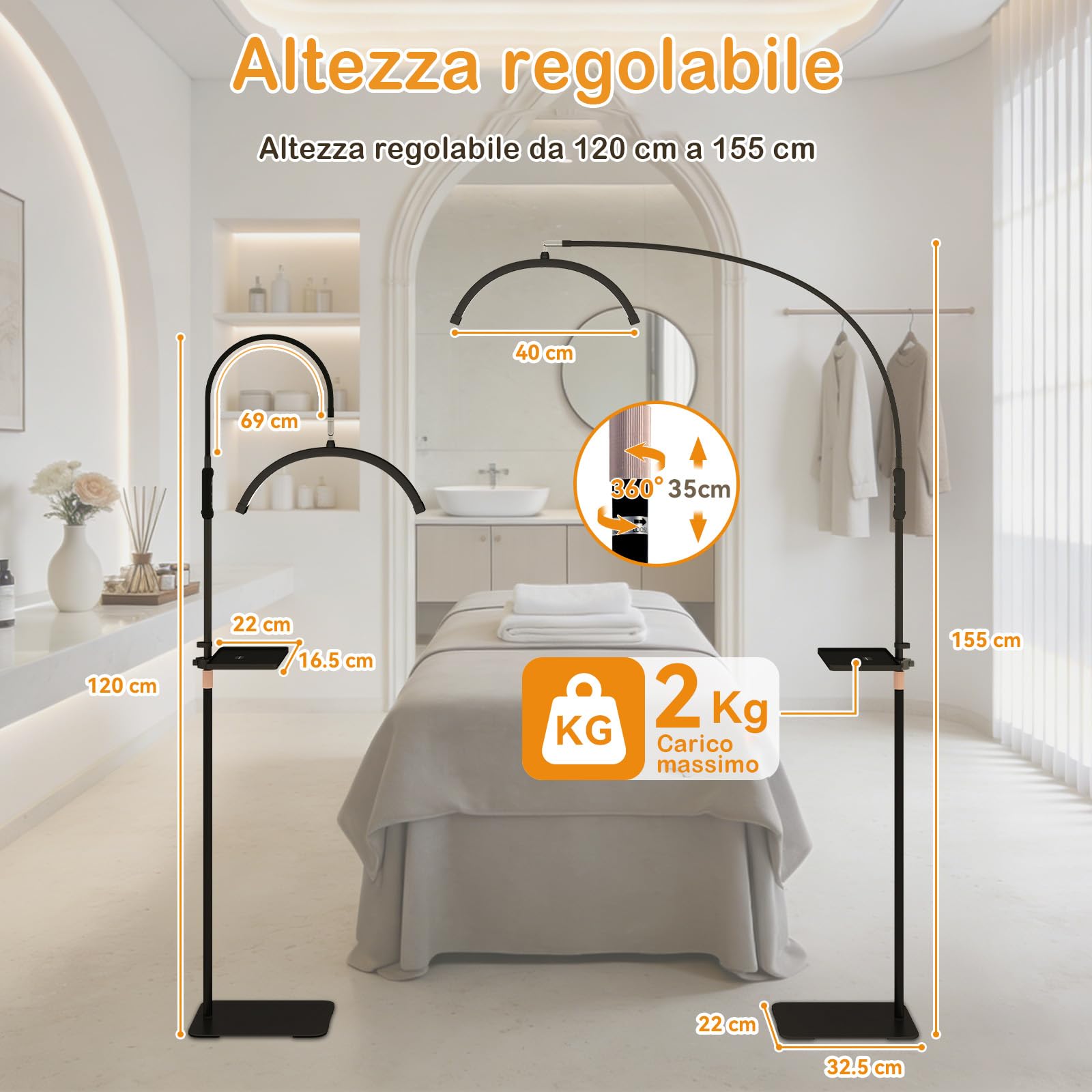YU YUSING Lampada Estetista LED a Mezza Luna con Testa a 320 Gradi, Lampada da Terra Altezza Regolabile, 3 Modalità Colore, Lampada Smart Ciglia, Bellezza, Tatuaggi, Unghie, Vassoio rimovibile, Nero
