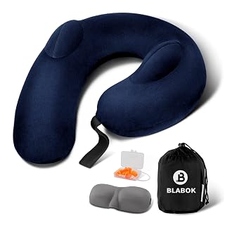 Patented Design Inflatable Travel Neck Pillow – Airplane Neck Pillow with 360° Head & Neck Support, Soft Washable Velvet Cover, Compact Neck Support Pillow for Airplane,Train,Car,Office & Home (Blue) - Amazon product rated Grade A