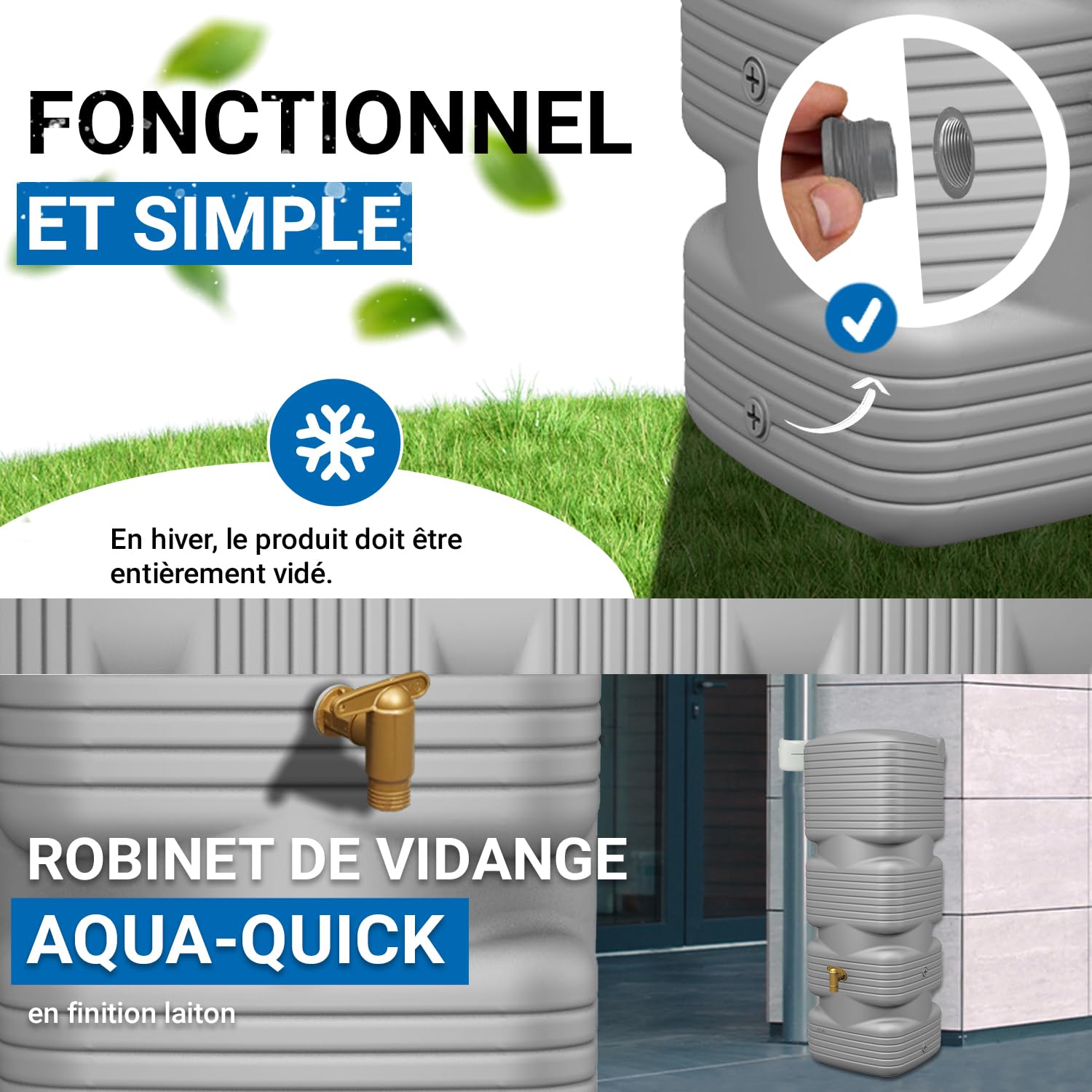 4rain Quadro Récupérateur d'eau de Pluie 170 L Gris béton Réservoir Mural