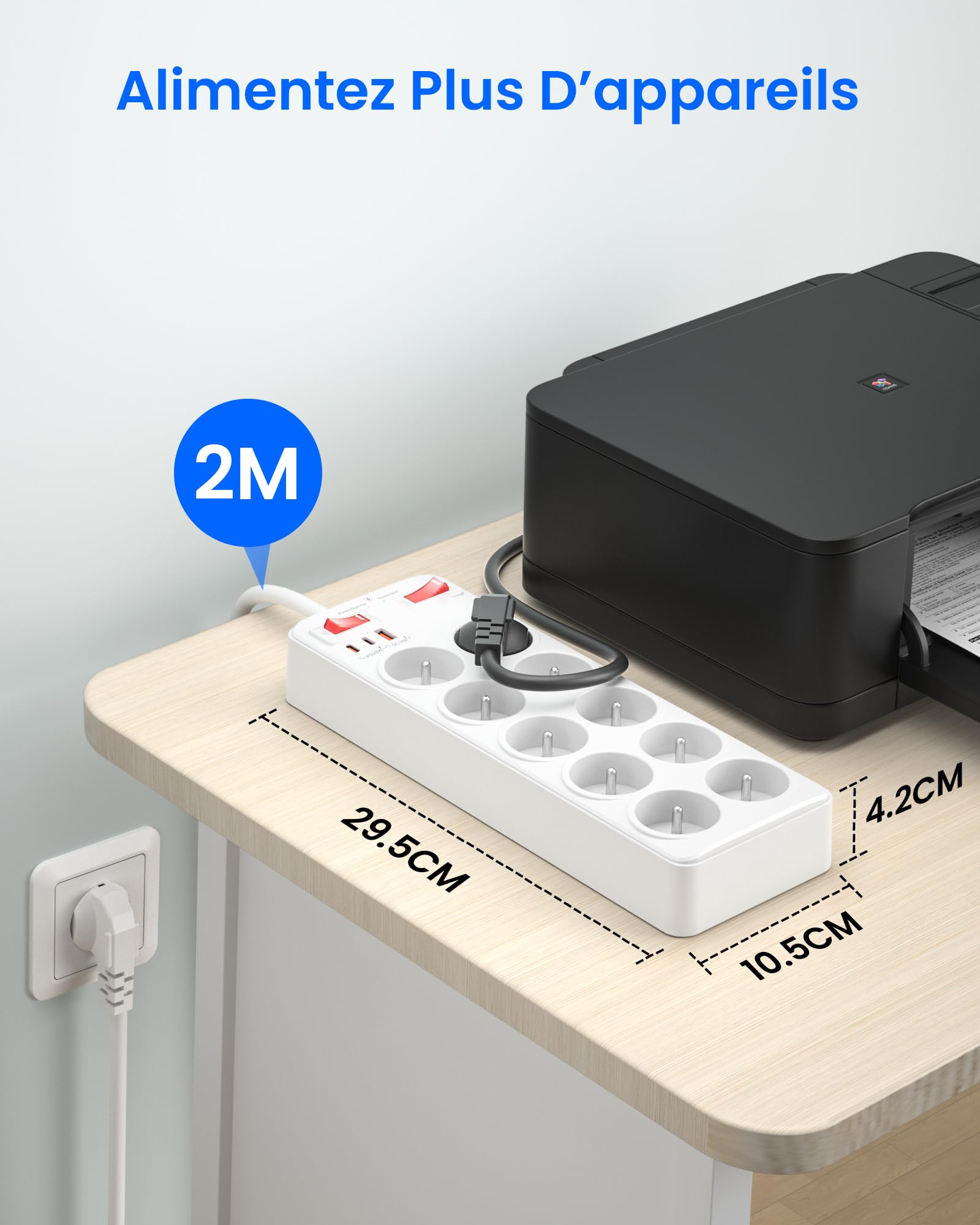 Listwa Zasilająca Przeciwprzepięciowa, Listwa Zasilająca z 10 Gniazda Elektryczne Polskie 16A 2P+T, Wielokrotne Gniazdo z Wyłącznikiem Przeciwprzeciążeniowym i ładowaniem USB C, 2 m Kabel, Białe