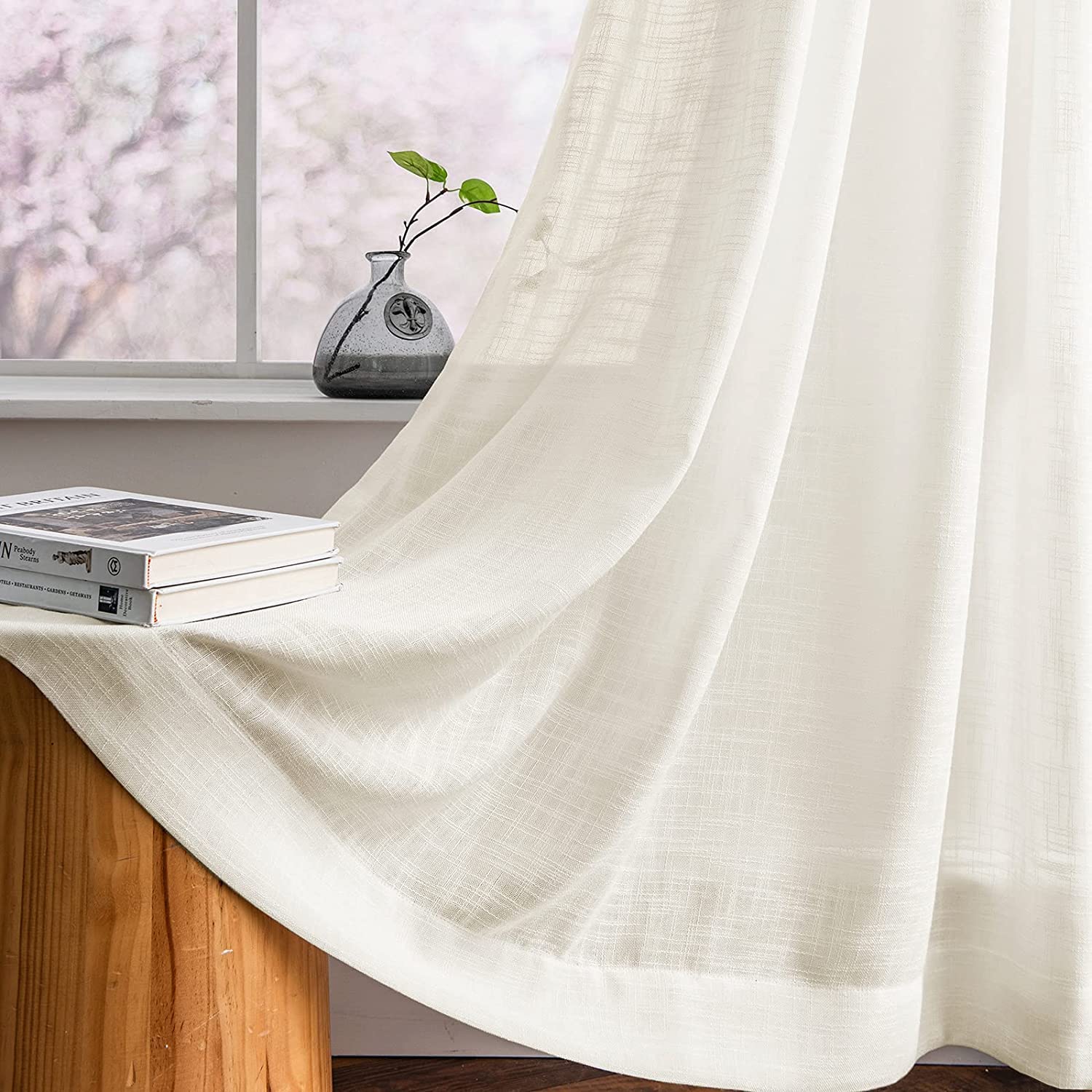 Carvapet Beige Transparent Curtains in Linen Look for Living Room Bedroom Set of 2 225 x 140 cm