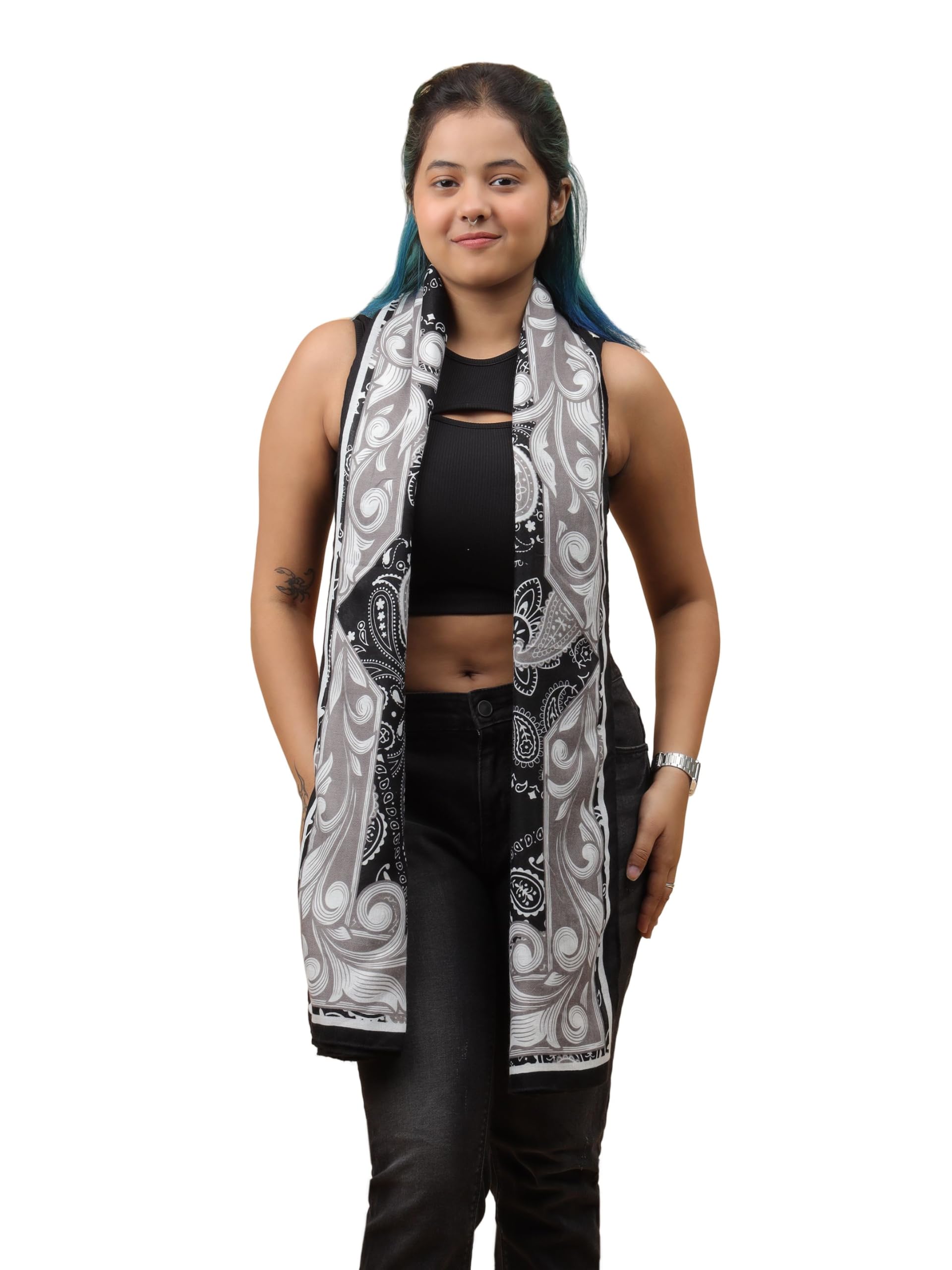 Noir Paisley Scarf – 185x80 cm Cotton Viscose Hijab Stole | Black & White Bandana-Style Paisley Print with Ornate Border-image-10