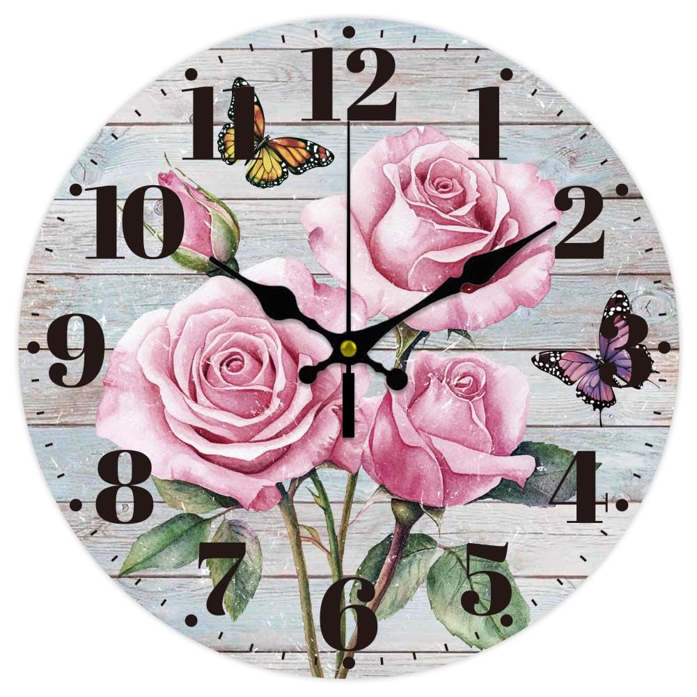 CHGCRAFT 12inch Roses Butterflies en Wall Clock Battery Operated Silent Non Ticking Round Decorative Clock for Office Home Living Room Bedroom Bathroom Kitchen Decor