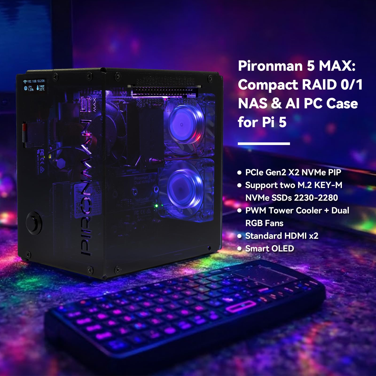 Pironman 5-MAX Dual NVMe M.2 SSD PCIe PC Case para Raspberry Pi 5 NAS