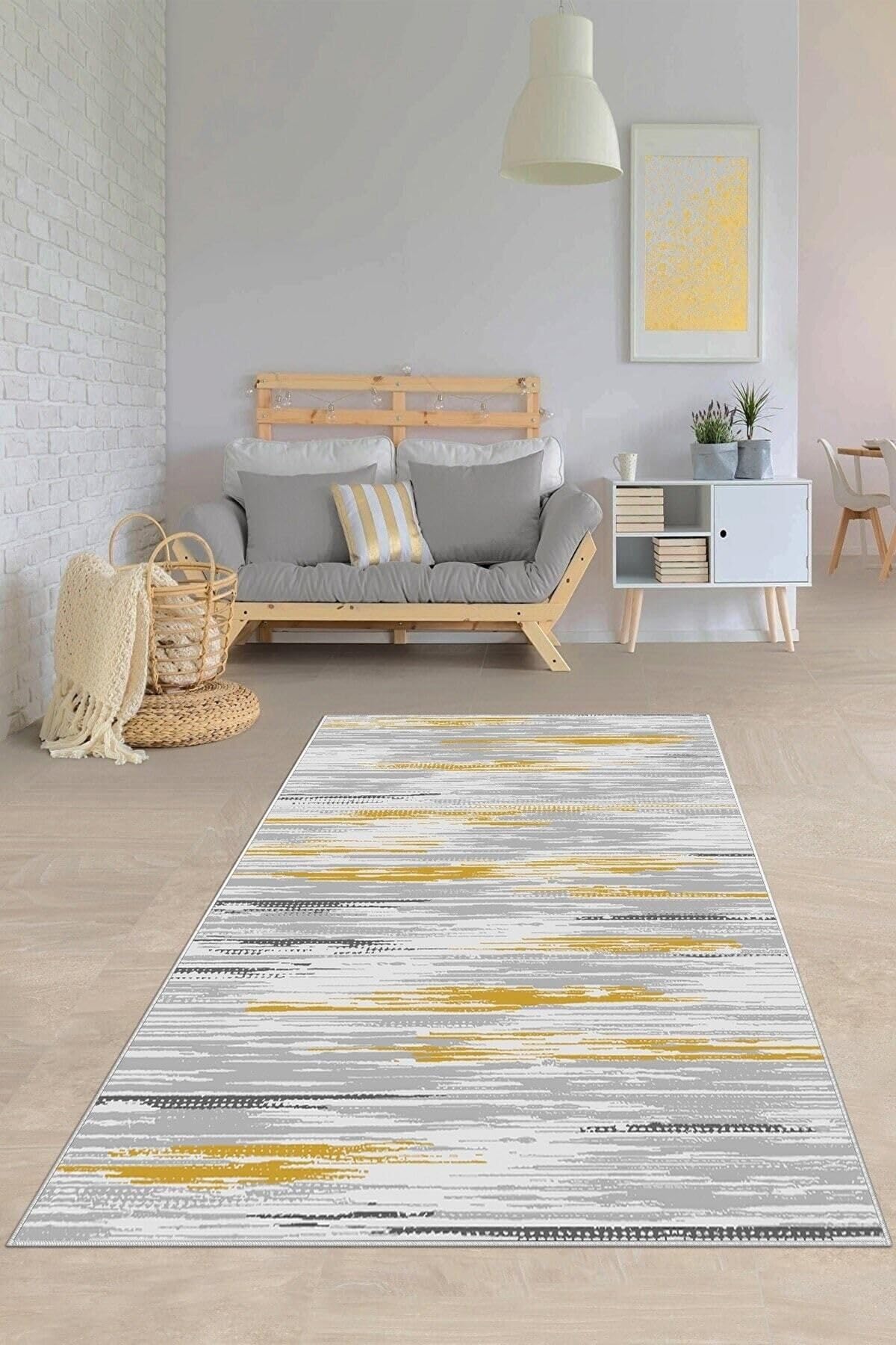 Pelangi Gri Desenli Hardal Detaylı Yıkanabilir Kaymaz Taban Leke Tutmaz Modern Salon Halısı Ve Yolluk, Sarı-Gri 160 x 240, 135819816024005