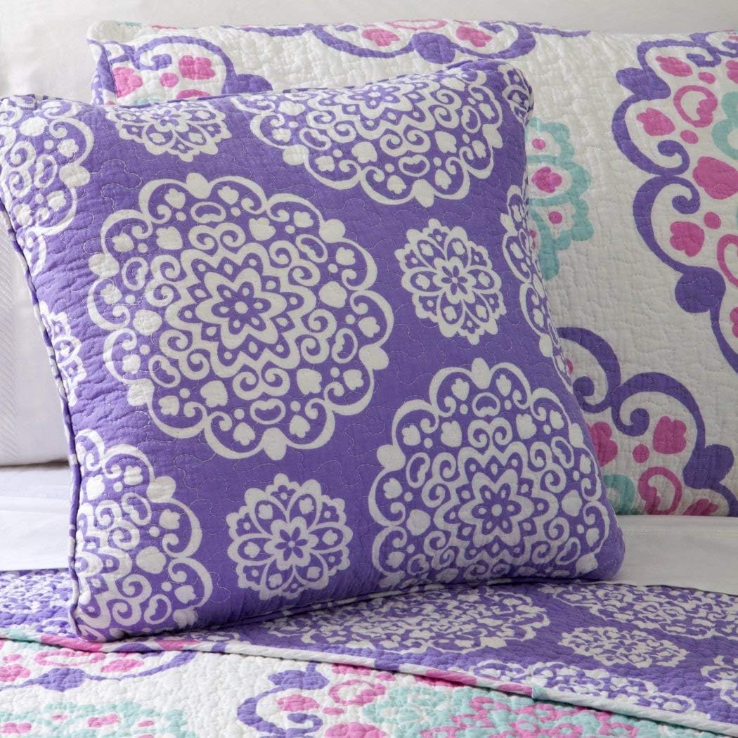 Gеt Sресіаl Prісе DH 3 Piece Girls Medallion Quilt Twin Set, Cute All Over Flowers Mandala Motif Bedding, Multi Floral Heart Swirls Pattern, Bohemian Boho Chic Flower Themed, White Teal Blue Lavender Plum Violet Pink