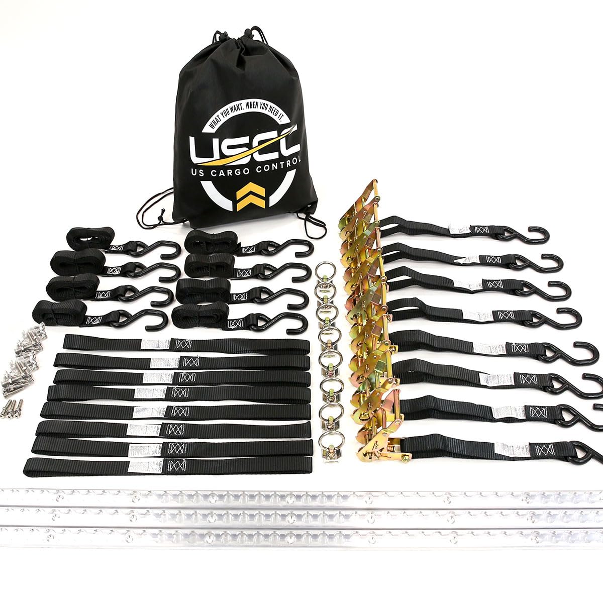 US Cargo Control 6 Foot Double Motorcycle Tie Down System with Aluminum L-Track, Complete Trailer Tie Down System for Motorcycles & ATVs, Includes L-Track Components and 12 Motorcycle Tie Down Straps
