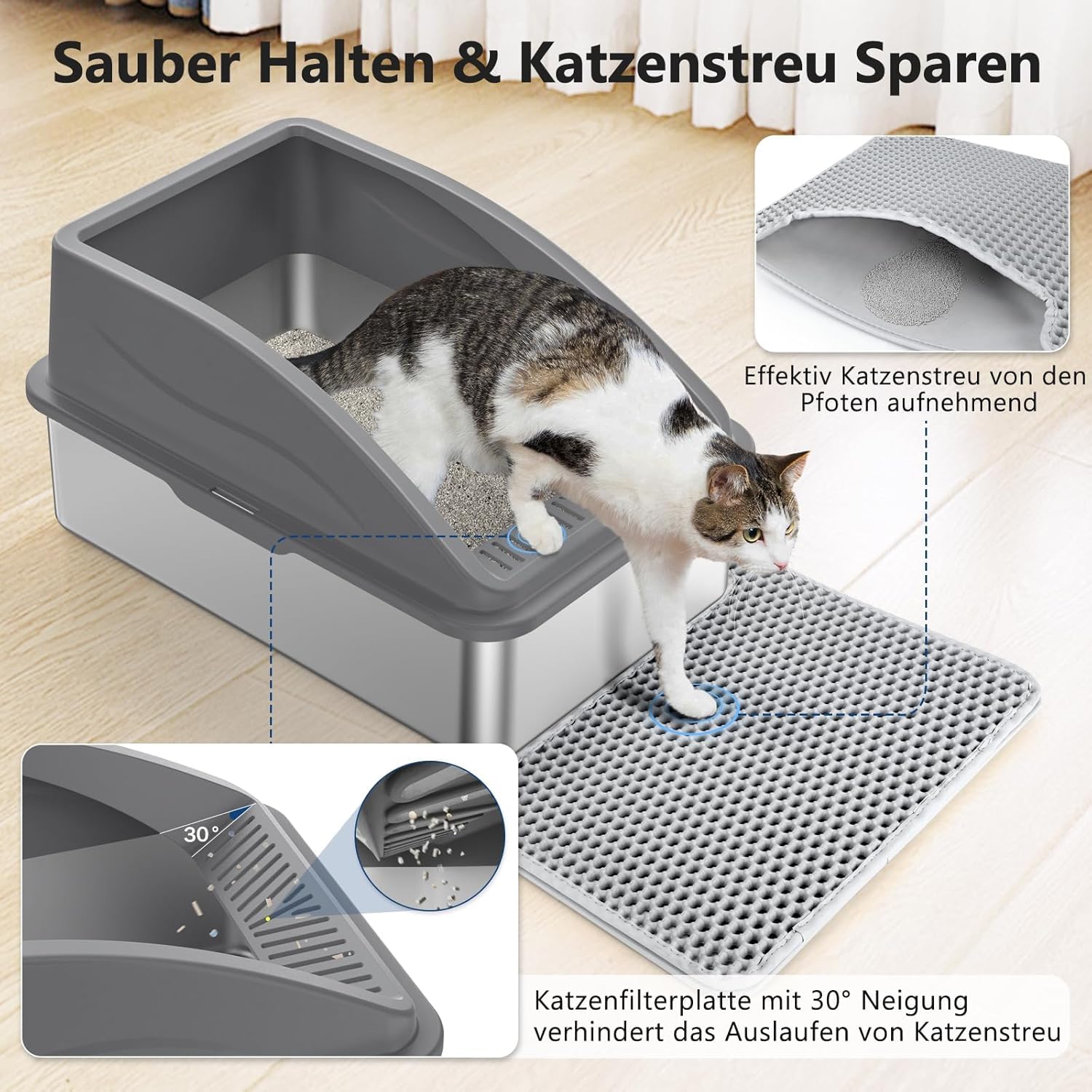 FURTIME XXL kuweta dla kota ze stali nierdzewnej, 30 l, duża szufelka dla kota ze stali nierdzewnej, matowa, podwójna warstwa, szczelna, XXL, 58 x 37 x 28,5 cm