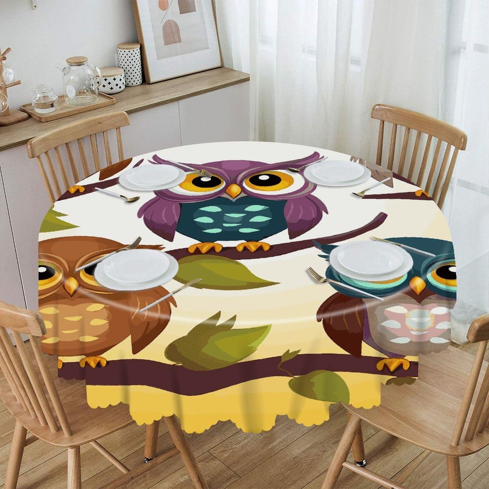 FekiLoot Owls Birds Round Tablecloths 60 Inch Resistant Washable Polyester Table Cloth Style Decorative Circle Fabric Table Cover for Dining Kitchen Party Farmhouse Outdoor