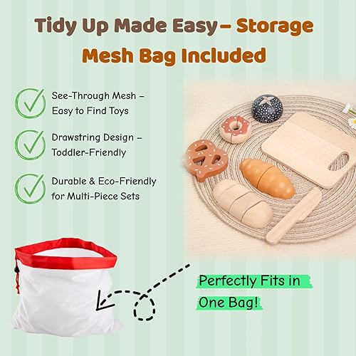 Miniatura 7 de Juego de comida de cocina de madera para cortar pan, 7 piezas con bolsa de compras y caja de regalo, juguete educativo Montessori y regalo de