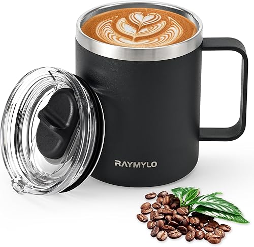 Taza de café aislada de 12 onzas, taza de café de acero inoxidable de doble pared con tapas, tapa deslizante desmontable y a prueba de fugas para