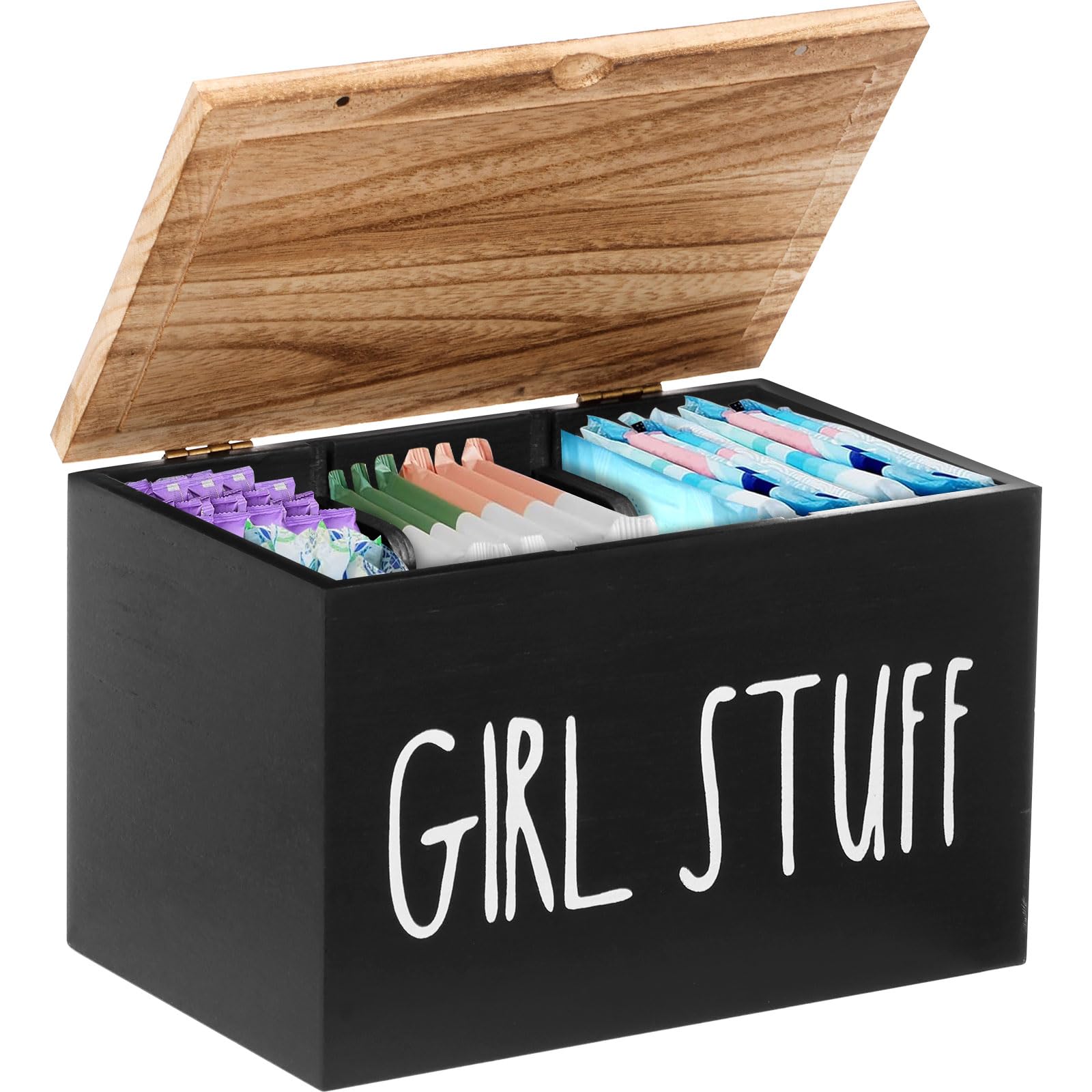 Cbwerbb Women's Black Tampon Holder For Bathroom Tampon Sanitary Pad Box Feminine Product Organizer Wood Bathroom Bin With Lid And Compartments Solid Period Box Cotton Swab Holder (Black)
