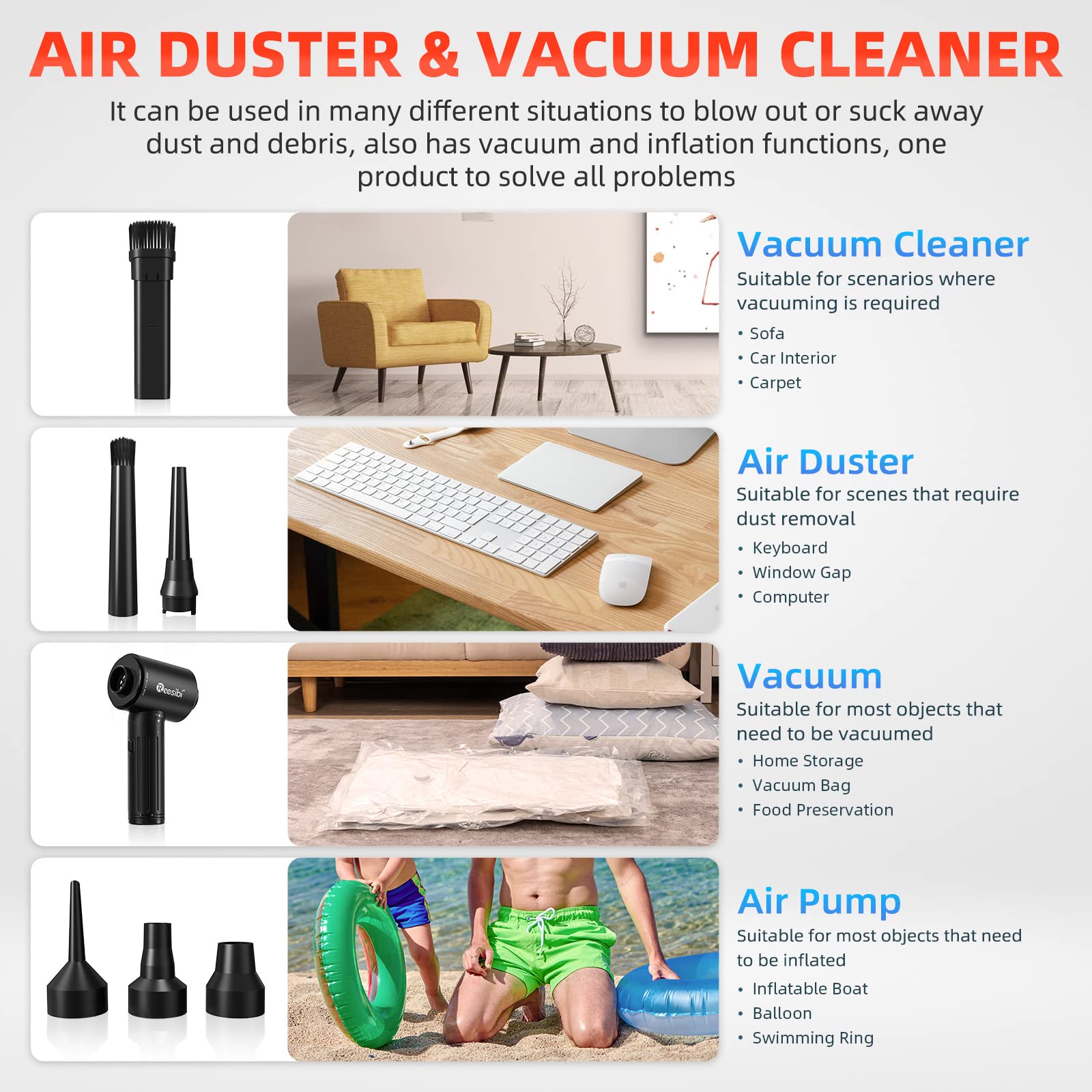 【Moteur sans Balais】 4-in-1 90W 130000RPM Plus Puissant Air Comprimé Depoussierante & 12 Kpa Aspirateur, Indicateur de Puissance, 3 Vitesses, Puce Intelligente, 7500mah, 15W Charge Rapide