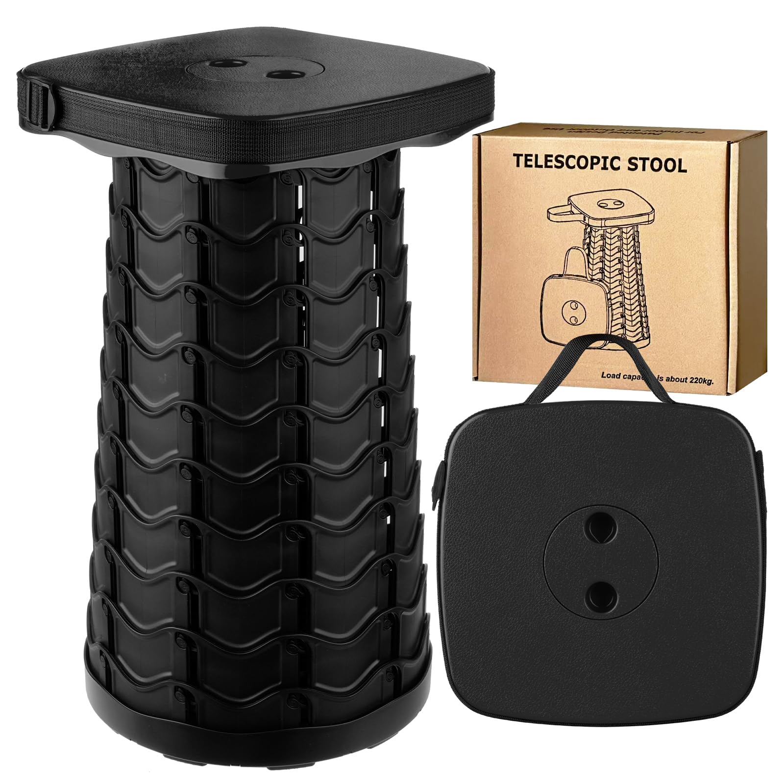 Sgabello Pieghevole Portatile, Sgabello Telescopico, Sedie da Campeggio Telescopico per Esterno, Pesca, Barbecue, Viaggi, Feste, Giardino, Carico 220 kg/485 lbs, Nero