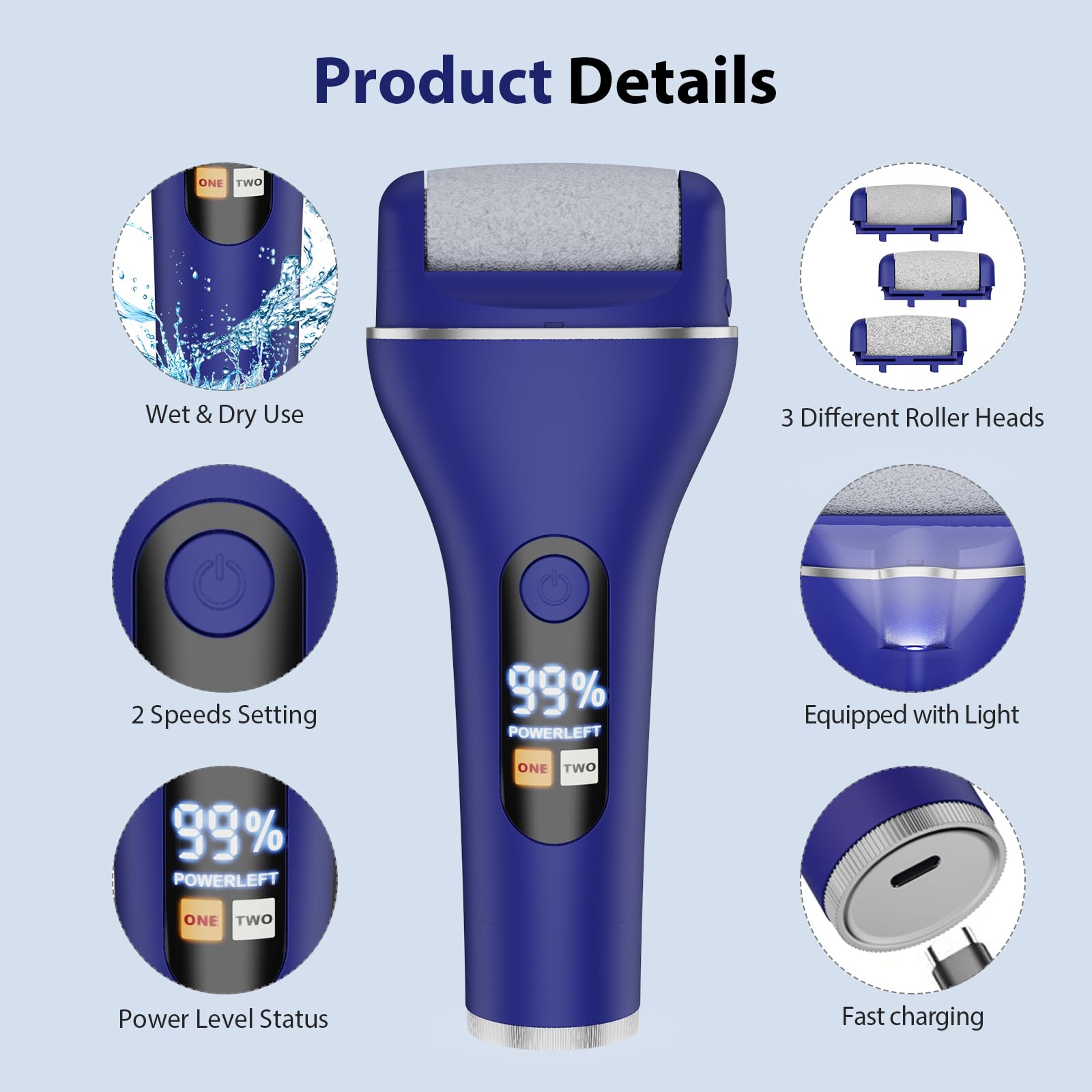 AdamPark Removedor eléctrico de callos para pies con 9 cabezales reemplazables, lima impermeable IPX7 recargable para piel muerta seca y agrietada, exfoliante portátil húmedo y seco (USB-C, azul)