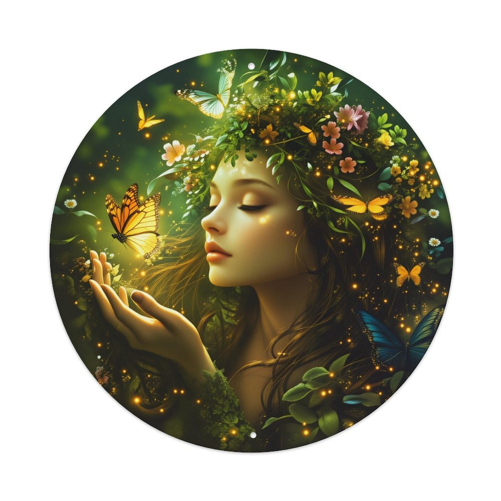 Nature Goddess With Butterflies And Flowers Round Vintage Tin Sign,Retro Wall Art,Metal Poster for Home, Bar, Garage, Cafe, Rustic Indoor & Outdoor Decor, 8x8 Inches