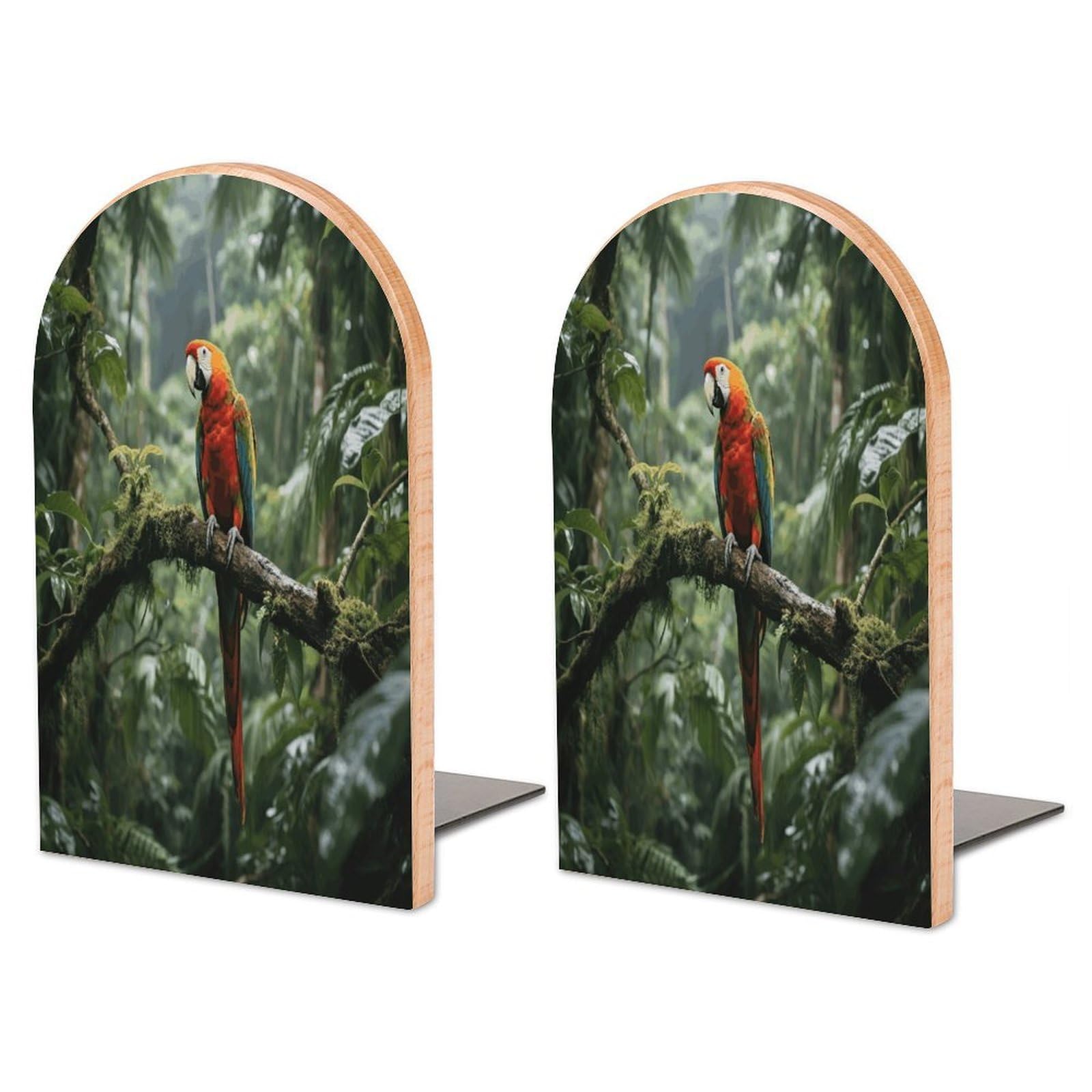 Sujetalibros de madera Parrot Rainforest con base de metal para estantes de oficina