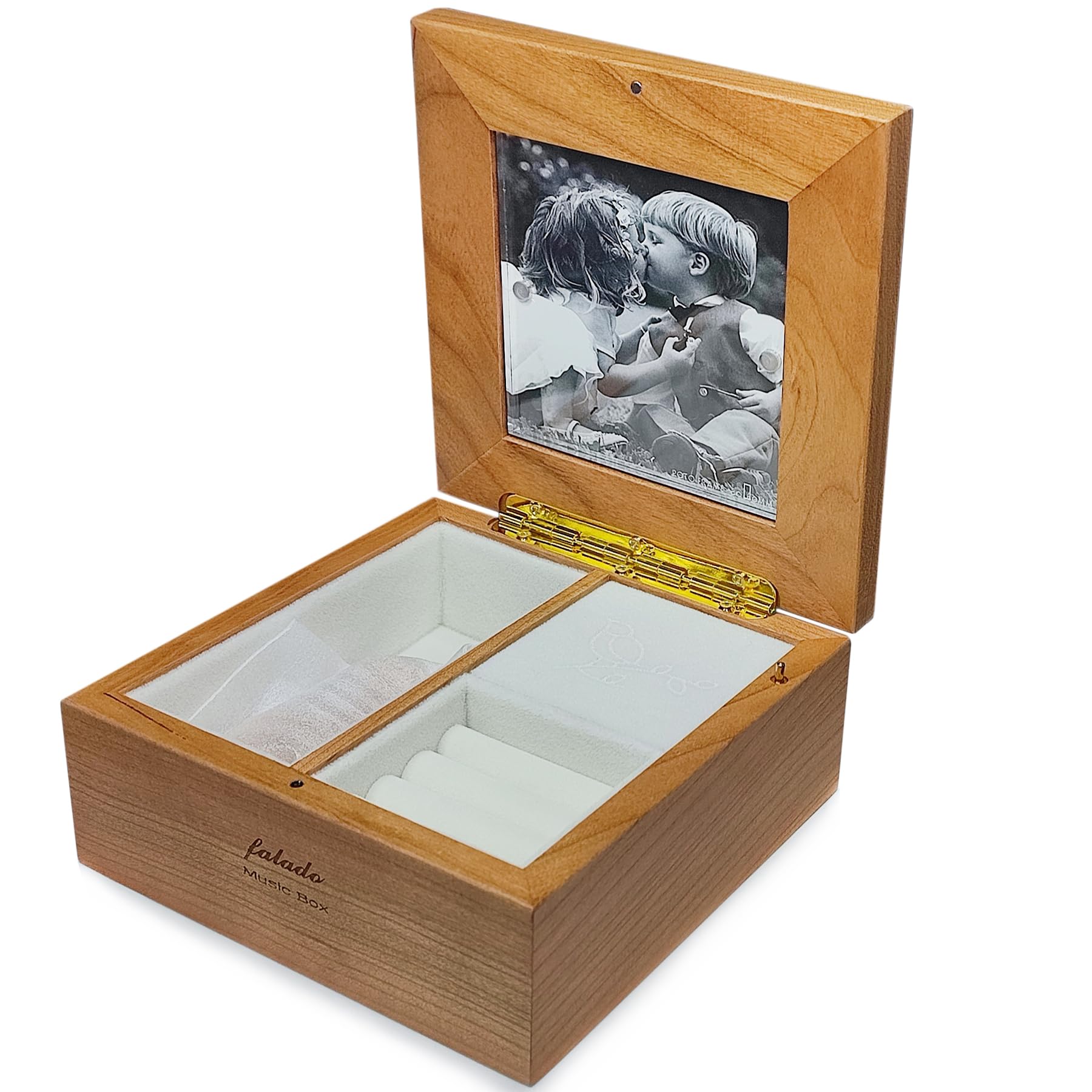 falado Natural Solid Wood Wind-up Music Box Photo Frame Jewelry Musical Box, Tune of You are My Sunshine, Light Brown - Image 2