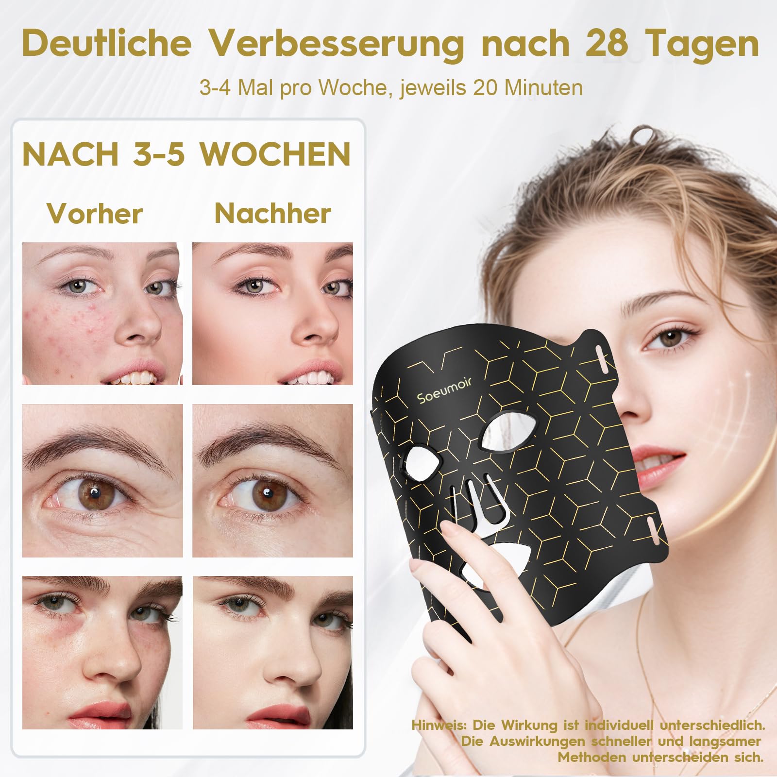 LED Gesichtsmaske 625nm Rotlicht Maske Gesicht 108 LEDs, 7 Farben | 324 Chips, 7 Beleuchtungsmodi und 3 Einstellbare Helligkeitsstufen, Wiederaufladbare，für Straffung und Revitalisierend