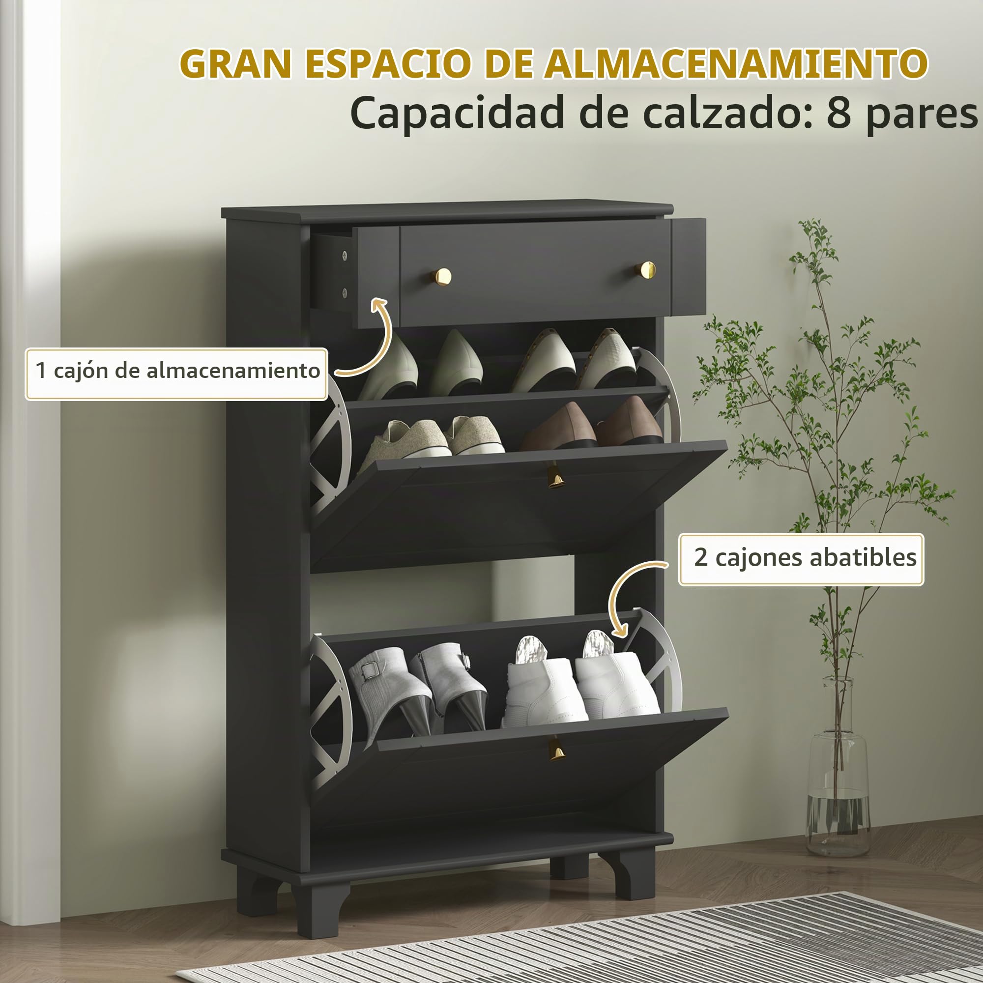 HOMCOM Armario Zapatero con cajones de Puerta abatible y Estante Ajustable, Armario de Entrada y Pasillo 8 Pares para Entrada y Pasillo 60x23,5x98,5 cm, Color Negro