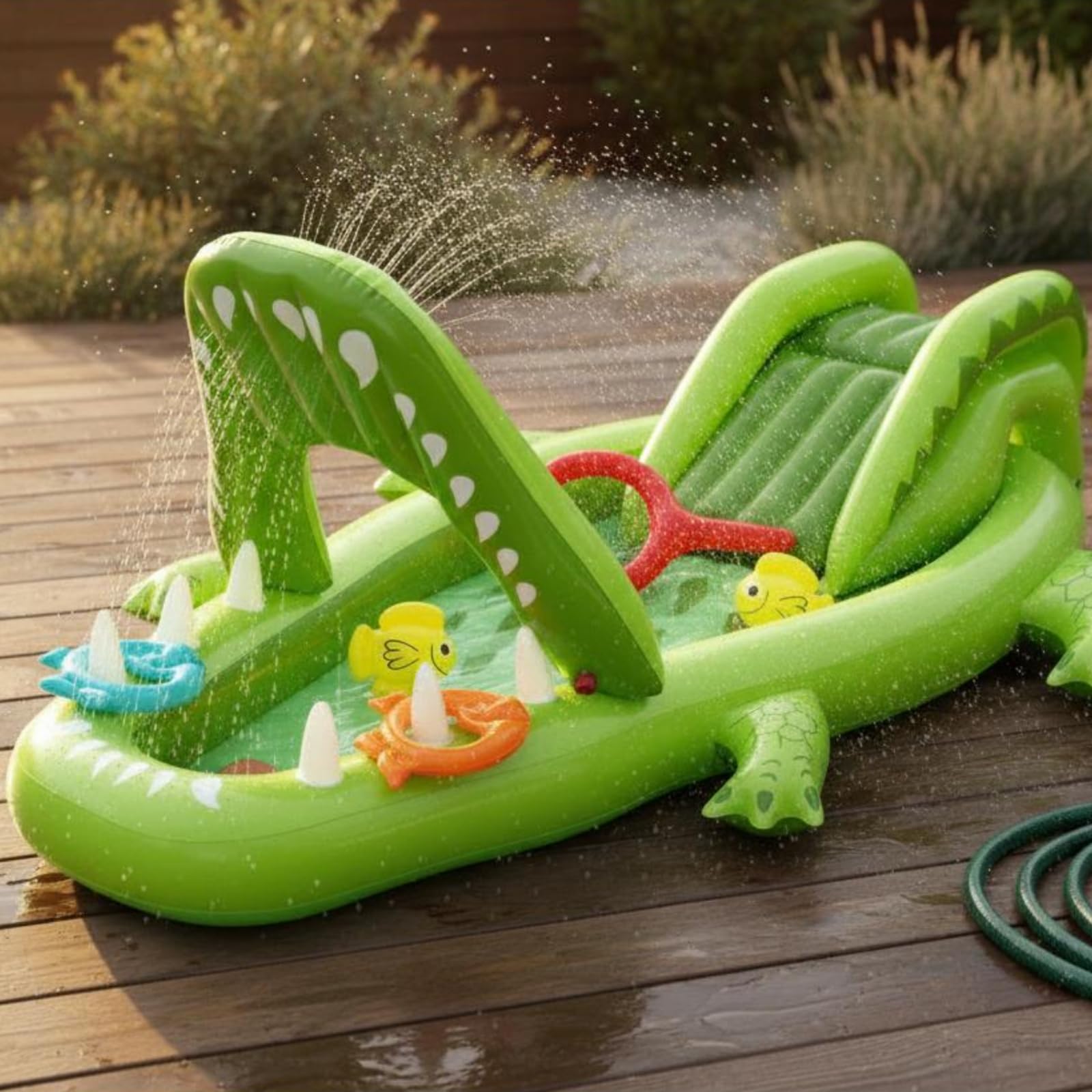 Aufblasbarer Spielpool Krokodil Planschbecken Kinderpool Wassersprinkler mit Rutsche Und Spielzubehör aus PVC für Garten Rasen Terrasse