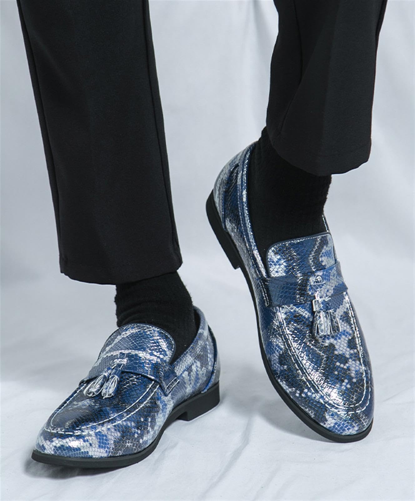 Mocasines de Hombre con Borlas Estampado de Serpiente Zapatos de Vestir Piel Sintética Deslizables Elegantes Boda Negocios Casual