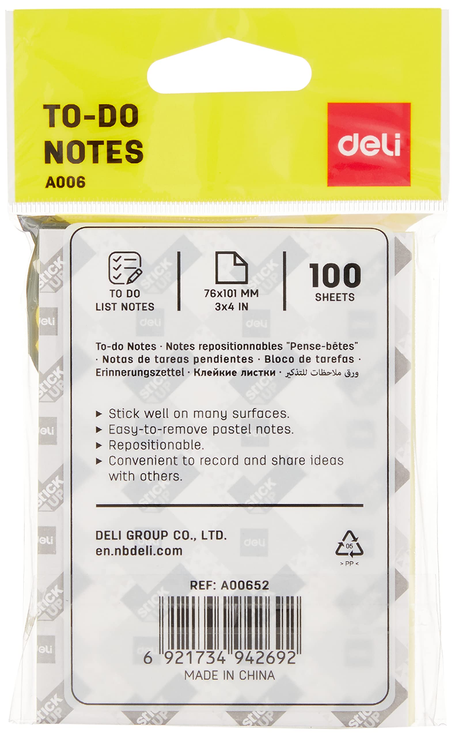 Deli Paquete de 100 notas a rayas, 76 mm x 101 mm, color amarillo