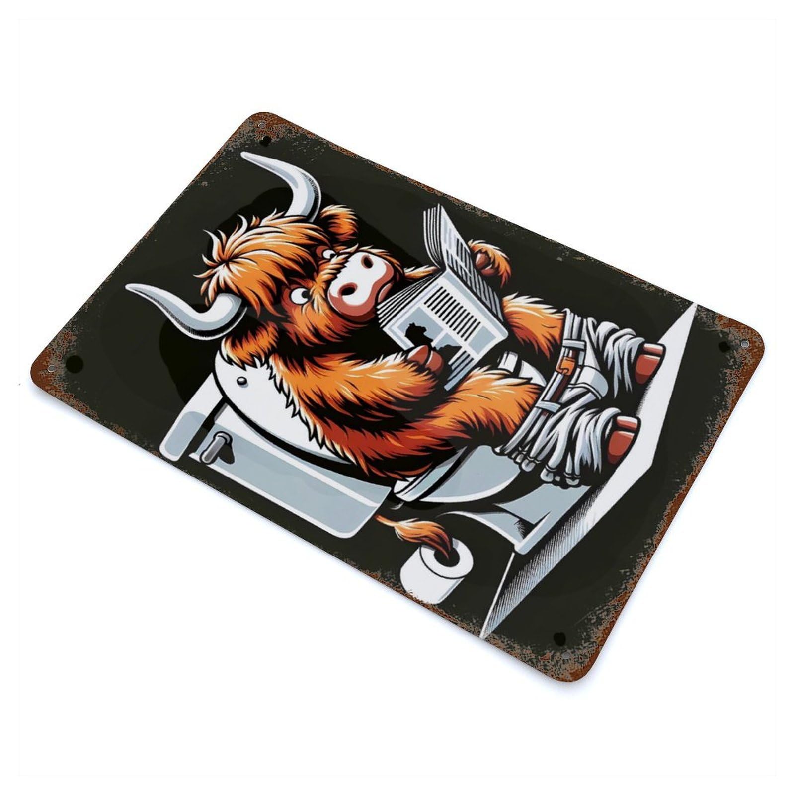Highland Cow Toilet Break Distressed Metal Wall Sign 11.8"x7.9", for Farmhouse, Kitchen And Entryway Decor, Rustic Home Decor