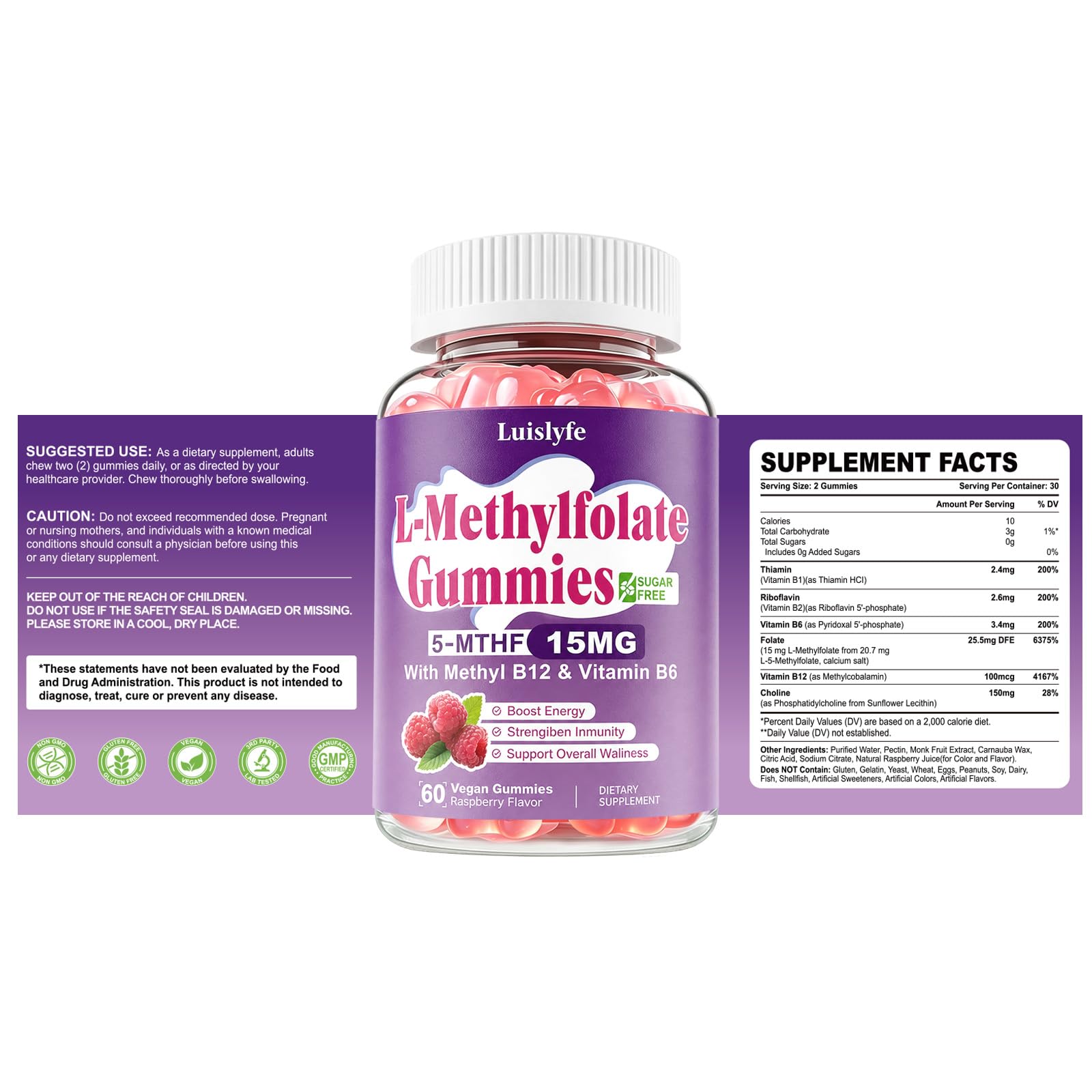 2 Pack L-Methylfolate 15mg Gummies & Methyl B12, High Absorption Active Folate 5-MTHF Supplement for Cognition, Mood & Immune, Sugar Free, Vegan, Non-GMO, Raspberry Flavor, 120 Count — Amazon image 8